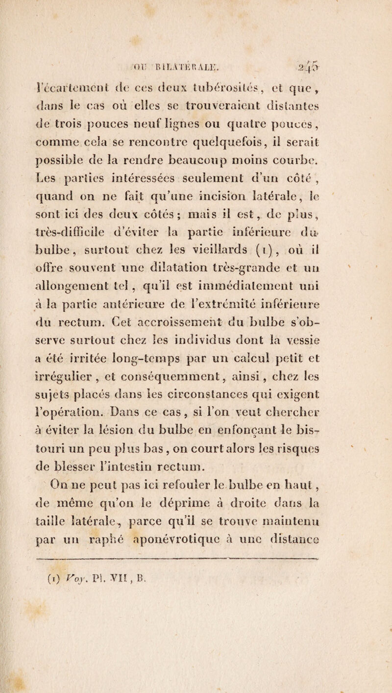 l'écartement de ces deux tubérosités, et que, dans le cas où elles se trouveraient distantes de trois pouces neuf lignes ou quatre pouces, comme cela se rencontre quelquefois, il serait possible de la rendre beaucoup moins courbe. Les parties intéressées seulement d’un côté , quand on ne fait qu’une incision latérale, le sont ici des deux côtés; mais il est, de plus, très-difficile d’éviter la partie inférieure du* bulbe, surtout chez les vieillards (i), où il offre souvent une dilatation très-grande et un allongement tel, qu’il est immédiatement uni à la partie antérieure de l’extrémité inférieure du rectum. Cet accroissement du bulbe s’ob¬ serve surtout chez les individus dont la vessie a été irritée long-temps par un calcul petit et irrégulier , et conséquemment, ainsi, chez les sujets placés dans les circonstances qui exigent l’opération. Dans ce cas, si l’on veut chercher à éviter la lésion du bulbe en enfonçant le bis- tj touri un peu plus bas , on court alors les risques de blesser l’intestin rectum. On ne peut pas ici refouler le bulbe en haut, de même qu’on le déprime à droite dans la taille latérale , parce qu’il se trouve maintenu par un raphé aponévrotique à une distance