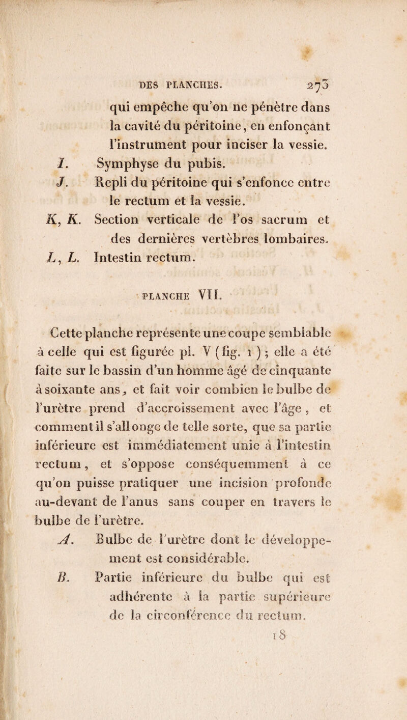 DES PLANCHES. 2'JÔ qui empêche qu’on ne pénètre dans la cavité du péritoine, en enfonçant l’instrument pour inciser la vessie. I. Symphyse du pubis. J. Repli du péritoine qui s’enfonce entre le rectum et la vessie. K, K. Section verticale de î’os sacrum et des dernières vertèbres lombaires. L, L. Intestin rectum. PLANCHE VIL Cette planche représente une coupe semblable à celle qui est figurée pi. Y (fig. ï ) ; elle a été faite sur le bassin d’un homme âgé de cinquante à soixante ans,, et fait voir combien le bulbe de l’urètre prend d’accroissement avec l’âge , et comment il s’allonge de telle sorte, que sa partie inférieure est immédiatement unie à.l’intestin rectum, et s’oppose conséquemment â ce qu’on puisse pratiquer une incision profonde au-devant de l’anus sans couper en travers le bulbe de l’urètre. Â. Bulbe de i urètre dont le développe¬ ment est considérable. B. Partie inférieure du bulbe qui est: adhérente à la partie supérieure de la circonférence du rectum. ï 8 )