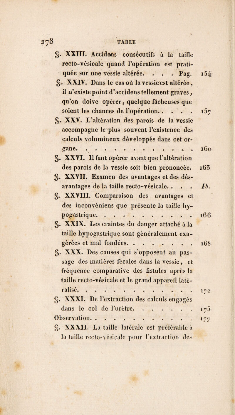 g. XXIII. Accidons consécutifs ù la taille recto-vésicale quand l’opération est prati¬ quée sur une vessie altérée. . . . Pag. 154 g. XXIV. Dans le cas où la vessie est altérée, il n’existe point d’accidens tellement graves, qu’on doive opérer, quelque fâcheuses que soient les chances de l’opération.157 g. XXV. L’altération des parois de la vessie accompagne le qdus souvent l’existence des calculs volumineux développés dans cet or¬ gane.160 g. XXVI. 11 faut opérer avant que l’altération des parois de la vessie soit bien prononcée. i63 g. XXVII. Examen des avantages et des dés¬ avantages de la taille recto-vésicale. ... Ib. g. XXVIII. Comparaison des avantages et des inconvéniens que présente la taille hy¬ pogastrique.166 g. XXIX. Les craintes du danger attaché à la taille hypogastrique sont généralement exa¬ gérées et mal fondées.168 g. XXX. Des causes qui s’opposent au pas¬ sage des matières fécales dans la vessie, et fréquence comparative des fistules après la taille recto-vésicale et le grand appareil laté¬ ralisé.172 g. XXXI. De l’extraction des calculs engagés dans le col de l’urètre.in5 Observation.177 g. XXXII. La taille latérale est préférable à la taille recto-vésicale pour l’extraction des