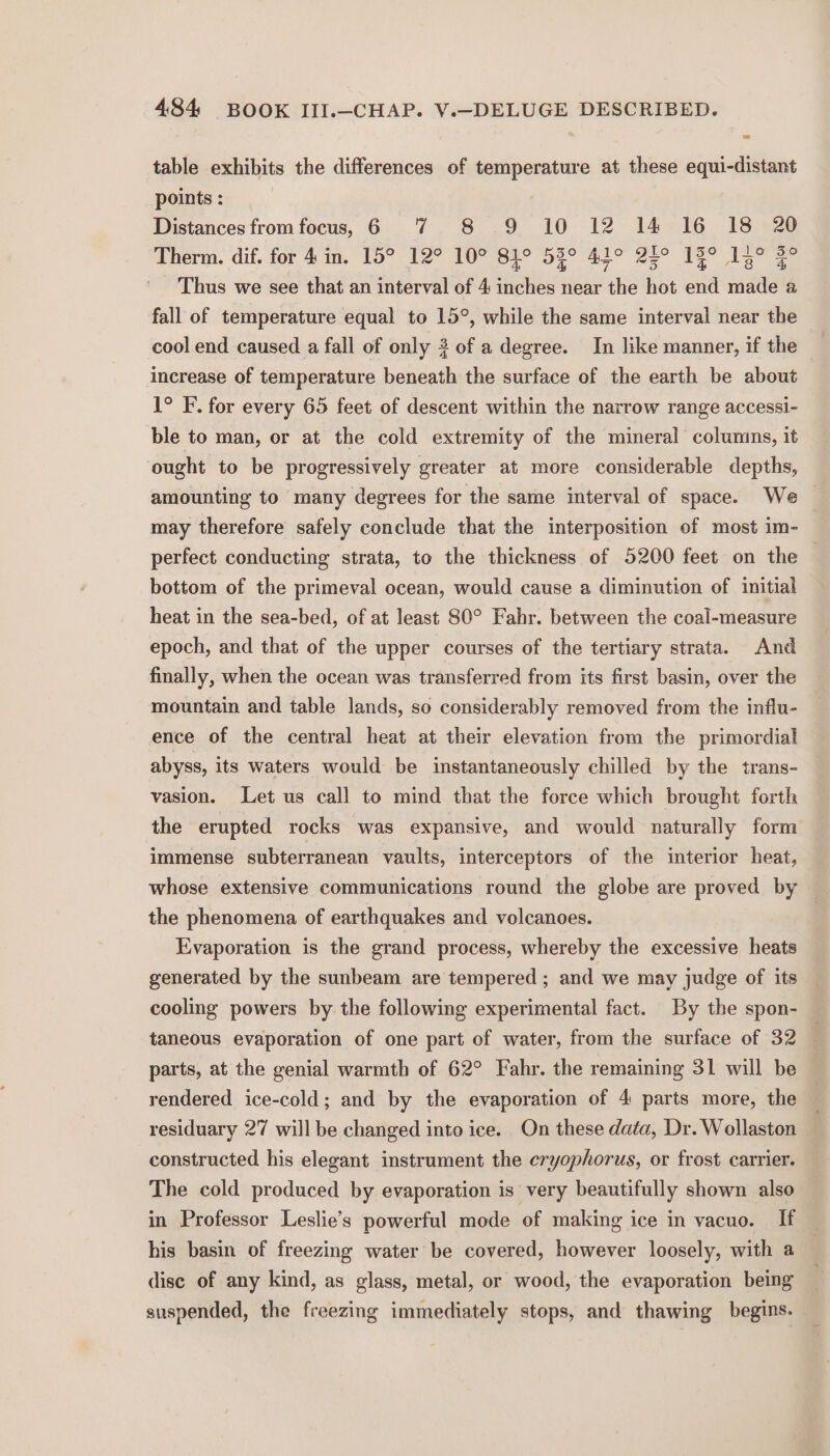 table exhibits the differences of temperature at these equi-distant points : Distances from focus, 6 7 8 9 10 12 14 16 18 20 Therm. dif. for 4 in. 15° 12° 10° 81° 5%° 42° 2h 19° 14° 3° Thus we see that an interval of 4 inches near the hot end made a fall of temperature equal to 15°, while the same interval near the cool end caused a fall of only 2 of a degree. In like manner, if the increase of temperature beneath the surface of the earth be about 1° F. for every 65 feet of descent within the narrow range accessi- ble to man, or at the cold extremity of the mineral columns, it ought to be progressively greater at more considerable depths, amounting to many degrees for the same interval of space. We — may therefore safely conclude that the interposition of most im- perfect conducting strata, to the thickness of 5200 feet on the — bottom of the primeval ocean, would cause a diminution of initial heat in the sea-bed, of at least 80° Fahr. between the coal-measure epoch, and that of the upper courses of the tertiary strata. And finally, when the ocean was transferred from its first basin, over the mountain and table lands, so considerably removed from the influ- ence of the central heat at their elevation from the primordial abyss, its waters would be instantaneously chilled by the trans- vasion. Let us call to mind that the force which brought forth the erupted rocks was expansive, and would naturally form immense subterranean vaults, interceptors of the interior heat, whose extensive communications round the globe are proved by the phenomena of earthquakes and volcanoes. Evaporation is the grand process, whereby the excessive heats generated by the sunbeam are tempered ; and we may judge of its cooling powers by the following experimental fact. By the spon- taneous evaporation of one part of water, from the surface of 32 parts, at the genial warmth of 62° Fahr. the remaining 31 will be rendered ice-cold; and by the evaporation of 4 parts more, the residuary 27 will be changed into ice. On these data, Dr. Wollaston constructed his elegant instrument the cryophorus, or frost carrier. The cold produced by evaporation is very beautifully shown also in Professor Leslie’s powerful mode of making ice in vacuo. If his basin of freezing water be covered, however loosely, with a disc of any kind, as glass, metal, or wood, the evaporation being suspended, the freezing immediately stops, and thawing begins.
