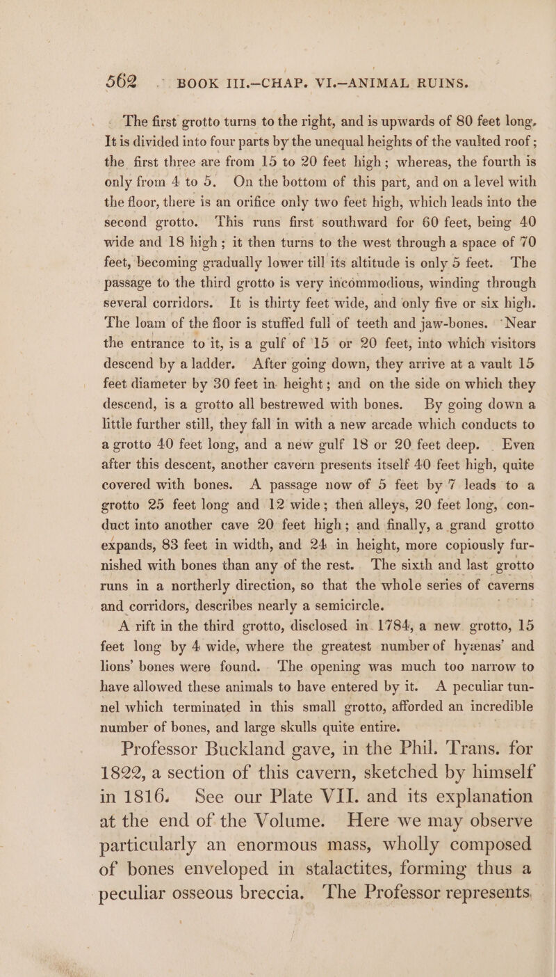 _ The first grotto turns to the right, and is upwards of 80 feet long. It is divided into four parts by the unequal heights of the vaulted roof ; the first three are from 15 to 20 feet high; whereas, the fourth is only from 4 to 5. On the bottom of this part, and on a level with the floor, there is an orifice only two feet high, which leads into the second grotto. This runs first southward for 60 feet, being 40 wide and 18 high; it then turns to the west through a space of 70 feet, becoming gradually lower till its altitude is only 5 feet. The passage to the third grotto is very incommodious, winding through several corridors. It is thirty feet wide, and only five or six high. The loam of the floor is stuffed full of teeth and jaw-bones. “Near the entrance to it, is a gulf of ‘15 or 20 feet, into which visitors descend by aladder. After going down, they arrive at a vault 15 feet diameter by 30 feet in height; and on the side on which they descend, is a grotto all bestrewed with bones. By going down a little further still, they fall in with a new arcade which conducts to a grotto 40 feet long, and a new gulf 18 or 20 feet deep. | Even after this descent, another cavern presents itself 40 feet high, quite covered with bones. A passage now of 5 feet by 7 leads to a grotto 25 feet long and 12 wide; then alleys, 20 feet long, con- duct into another cave 20 feet high; and finally, a grand grotte expands, 83 feet in width, and 24 in height, more copiously fur- nished with bones than any of the rest. The sixth and last grotto runs in a northerly direction, so that the whole series of caverns and corridors, describes nearly a semicircle. A rift in the third grotto, disclosed in. 1784, a new. grotto, 15 feet long by 4 wide, where the greatest number of hyzenas’ and lions’ bones were found. ‘The opening was much too narrow to have allowed these animals to bave entered by it. A peculiar tun- nel which terminated in this small grotto, afforded an incredible number of bones, and large skulls quite entire. Professor Buckland gave, in the Phil. ‘Trans. for 1822, a section of this cavern, sketched by himself in 1816. See our Plate VII. and its explanation at the end of the Volume. Here we may observe particularly an enormous mass, wholly composed of bones enveloped in stalactites, forming thus a peculiar osseous breccia. ‘The Professor represents.