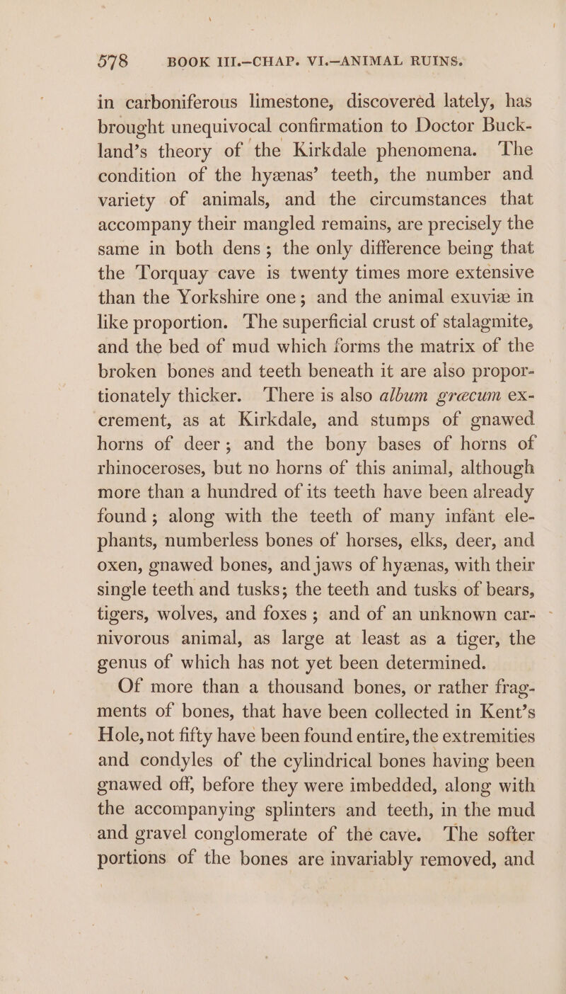 in carboniferous limestone, discovered lately, has brought unequivocal confirmation to Doctor Buck- land’s theory of the Kirkdale phenomena. ‘The condition of the hyanas’ teeth, the number and variety of animals, and the circumstances that accompany their mangled remains, are precisely the same in both dens; the only difference being that the Torquay cave is twenty times more extensive than the Yorkshire one; and the animal exuviee in like proportion. The superficial crust of stalagmite, and the bed of mud which forms the matrix of the broken bones and teeth beneath it are also propor- tionately thicker. ‘There is also album grecum ex- crement, as at Kirkdale, and stumps of gnawed horns of deer; and the bony bases of horns of rhinoceroses, but no horns of this animal, although more than a hundred of its teeth have been already found; along with the teeth of many infant ele- phants, numberless bones of horses, elks, deer, and oxen, gnawed bones, and jaws of hyenas, with their single teeth and tusks; the teeth and tusks of bears, tigers, wolves, and foxes ; and of an unknown car- ~ nivorous animal, as large at least as a tiger, the genus of which has not yet been determined. Of more than a thousand bones, or rather frag- ments of bones, that have been collected in Kent’s Hole, not fifty have been found entire, the extremities and condyles of the cylindrical bones having been gnawed off, before they were imbedded, along with the accompanying splinters and teeth, in the mud and gravel conglomerate of thé cave. The softer portions of the bones are invariably removed, and