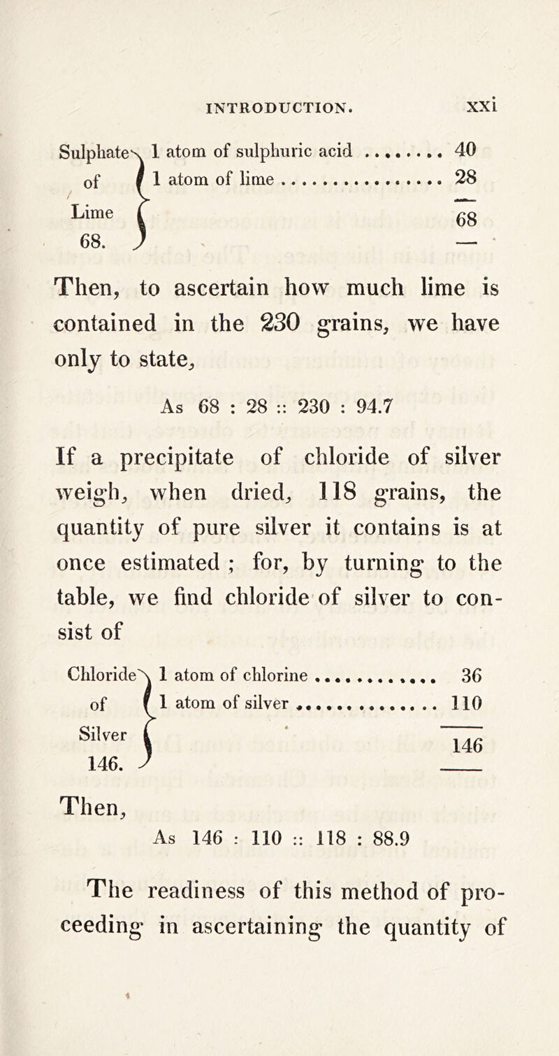 40 28 68 Then, to ascertain how much lime is contained in the 230 grains, we have only to state. As 68 : 28 :: 230 : 94.7 If a precipitate of chloride of silver weigh, when dried, 118 grains, the quantity of pure silver it contains is at once estimated ; for, by turning to the table, we find chloride of silver to con- sist of 36 no 146 Then As 146 : no :: 118 : 88.9 The readiness of this method of pro- ceeding in ascertaining the quantity of