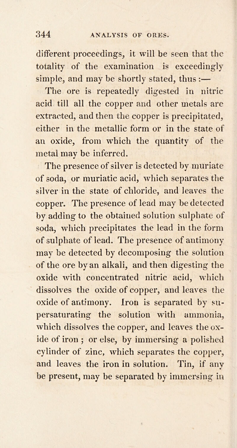 different proceedings_, it will be seen that the totality of the examination is exceedingly simple, and may be shortly stated, thus :— The ore is repeatedly digested in nitric acid till all the copper and other metals are extracted, and then the copper is precipitated, either in the metallic form or in the state of an oxide, from which the quantity of the metal may be inferred. The presence of silver is detected by muriate of soda, or muriatic acid, which separates the silver in the state of chloride, and leaves the copper. The presence of lead may be detected by adding to the obtained solution sulphate of soda, which precipitates the lead in the form of sulphate of lead. The presence of antimony may be detected by decomposing the solution of the ore by an alkali, and then digesting the oxide with concentrated nitric acid, wdiich dissolves the oxide of copper, and leaves the oxide of antimony. Iron is separated by su- persaturating the solution with ammonia, which dissolves the copper, and leaves the ox- ide of iron ; or else, by immersing a polished cylinder of zinc, which separates the copper, and leaves the iron in solution. Tin, if any be present, may be separated by immersing in