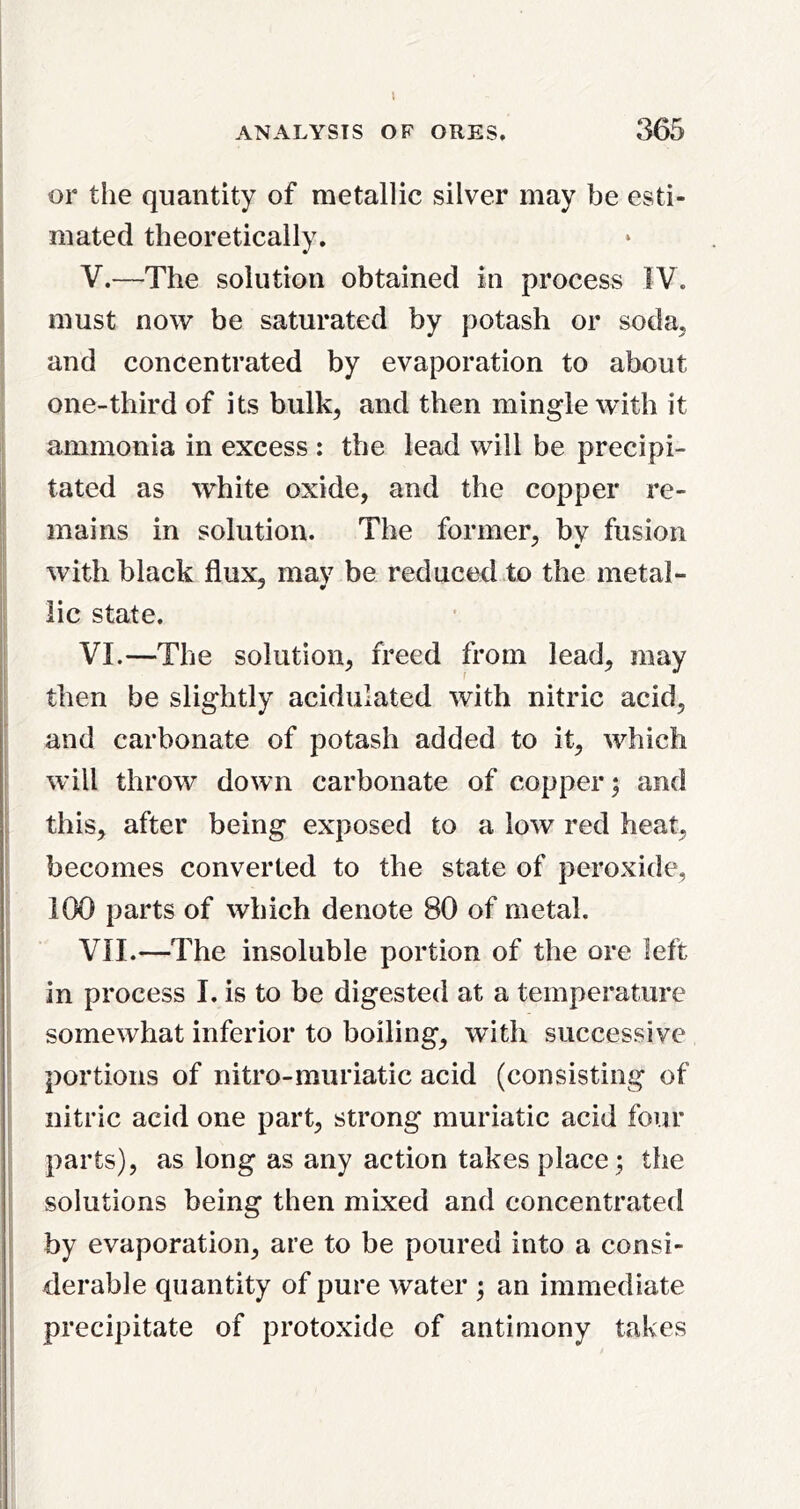 t 365 ANALYSIS OF ORES. I I or the quantity of metallic silver may be esti- : mated theoretically. V.—The solution obtained in process IV. must now be saturated by potash or soda, and concentrated by evaporation to about one-third of its bulk, and then mingle with it ammonia in excess : the lead will be precipi- ;; tated as white oxide, and the copper re- I mains in solution. The former, bv fusion I * with black flux, mav be reduced to the metal- I. j ¥ i lie state. i; ; VI.—The solution, freed from lead, may ! then be slightly acidulated with nitric acid, I and carbonate of potash added to it, which ! will throw down carbonate of copper; and \ this, after being exposed to a low red heat, becomes converted to the state of peroxide, 100 parts of which denote 80 of metal. , VII.—The insoluble portion of the ore left in process I. is to be digested at a temperature I somewhat inferior to boiling, with successive ^ portions of nitro-muriatic acid (consisting of nitric acid one part, strong muriatic acid four parts), as long as any action takes place ; the ^ solutions being then mixed and concentrated by evaporation, are to be poured into a consi- derable quantity of pure water ; an immediate precipitate of protoxide of antimony takes I