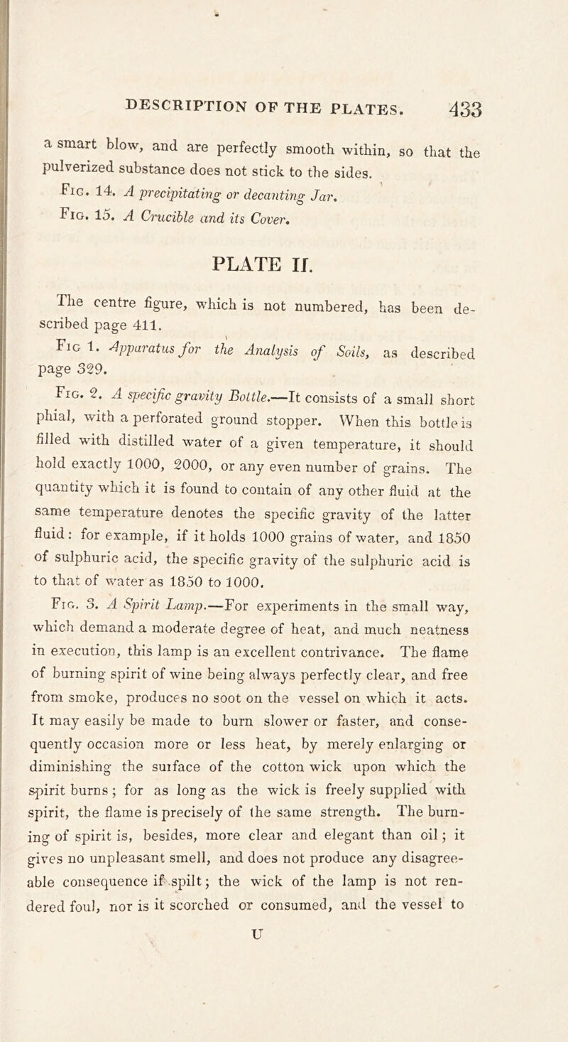 a smart blow, and are perfectly smooth within, so that the pulverized substance does not stick to the sides. Fig. 14. A precipitating or decanting Jar. Fig. 15. A Crucible and its Cover. PLATE If. The centre figure, v.diich is not numbered, has been de- scribed page 411. Fig 1. Apparatus for the Analysis of Soils, as described page 329. Fig. 2. A specific gravity Bottle.—It consists of a small short phial, with a perforated ground stopper. When this bottle is filled with distilled water of a given temperature, it should hold exactly 1000, 2000, or any even number of grains. The quantity which it is found to contain of any other fluid at the same temperature denotes the speciflc gravity of the latter fluid: for example, if it holds 1000 grains of water, and 1850 of sulphuric acid, the specific gravity of the sulphuric acid is to that of water as 1850 to 1000, Fig. 3. A Spirit Lamp.—For experiments in the small way, which demand a moderate degree of heat, and much neatness in execution, this lamp is an excellent contrivance. The flame of burning spirit of wine being always perfectly clear, and free from smoke, produces no soot on the vessel on which it acts. It may easily be made to burn slower or faster, and conse- quently occasion more or less heat, by merely enlarging or diminishing the surface of the cotton wick upon which the spirit burns ; for as long as the wick is freely supplied with spirit, the flame is precisely of ihe same strength. The burn- ing of spirit is, besides, more clear and elegant than oil; it gives no unpleasant smell, and does not produce any disagree- able consequence if spilt; the wick of the lamp is not ren- dered foul, nor is it scorched or consumed, and the vessel to U