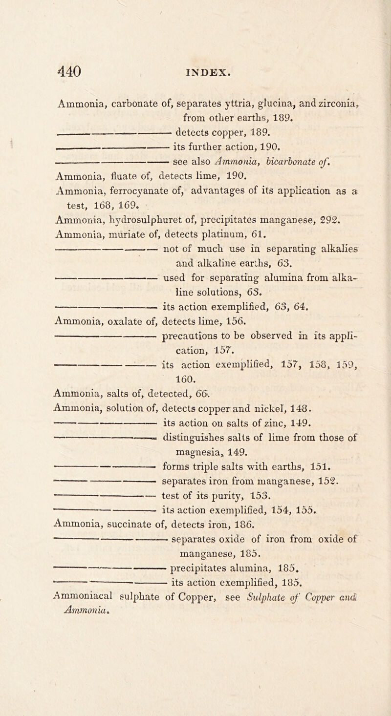 Ammonia, carbonate of, separates yttria, glucina, and zirconia, from other earths, 189. detects copper, 189. — its further action, 190. see also Ammonia, bicarbonate of. Ammonia, fluate of, detects lime, 190. Ammonia, ferrocyanate of, advantages of its application as a test, 168, 169. Ammonia, hydrosulphuret of, j^recipitates manganese, 292. Ammonia, muriate of, detects platinum, 61. not of much use in separating alkalies and alkaline earths, 63. used for separating alumina from alka- line solutions, 63. its action exemplified, 63, 64. Ammonia, oxalate of, detects lime, 156. precautions to be observed in its appli- cation, 157. its action exemplified, 157, 158, 159, 160. Ammonia, salts of, detected, 6&. Ammonia, solution of, detects copper and nickel, 148. its action on salts of zinc, 149. — distinguishes salts of lime from those of magnesia, 149. forms triple salts with earths, 151. separates iron from manganese, 152. • — — test of its purity, 153. its action exemplified, 154, 155. Ammonia, succinate of, detects iron, 186. separates oxide of iron from oxide of manganese, 185. precipitates alumina, 185. its action exemplified, 185. Ammoniacal sulphate of Copper, see Sulphate of Copper and Ammonia.