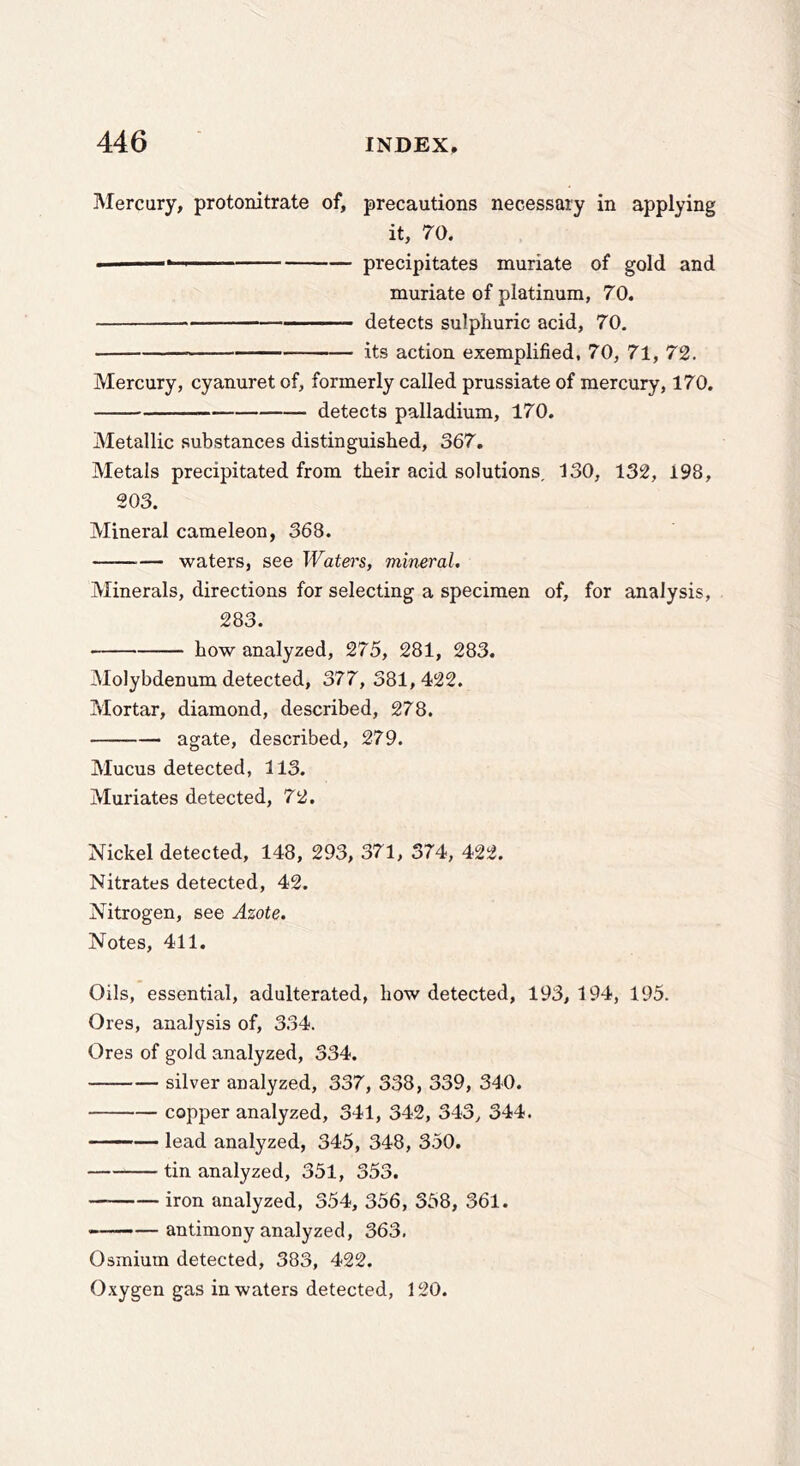 Mercury, protonitrate of, precautions necessary in applying it, 70. ■' precipitates muriate of gold and muriate of platinum, 70. detects sulphuric acid, 70. its action exemplified, 70, 71, 72. Mercury, cyanuret of, formerly called prussiate of mercury, 170. detects palladium, 170. Metallic substances distinguished, 367. Metals precipitated from their acid solutions. 130, 132, 198, 203. Mineral cameleon, 368. waters, see JVatei's, mineral. Minerals, directions for selecting a specimen of, for analysis, 283. how analyzed, 275, 281, 283. Molybdenum detected, 377, 381,422. Mortar, diamond, described, 278. agate, described, 279. Mucus detected, 113. Muriates detected, 72. Nickel detected, 148, 293, 371, 374, 422. Nitrates detected, 42. Nitrogen, see Azote. Notes, 411, Oils, essential, adulterated, how detected, 193, 194, 195. Ores, analysis of, 334. Ores of gold analyzed, 334. silver analyzed, 337, 338, 339, 340. copper analyzed, 341, 342, 343, 344. lead analyzed, 345, 348, 350. tin analyzed, 351, 353. — iron analyzed, 354, 356, 358, 361. antimony analyzed, 363. Osmium detected, 383, 422. Oxygen gas in waters detected, 120.