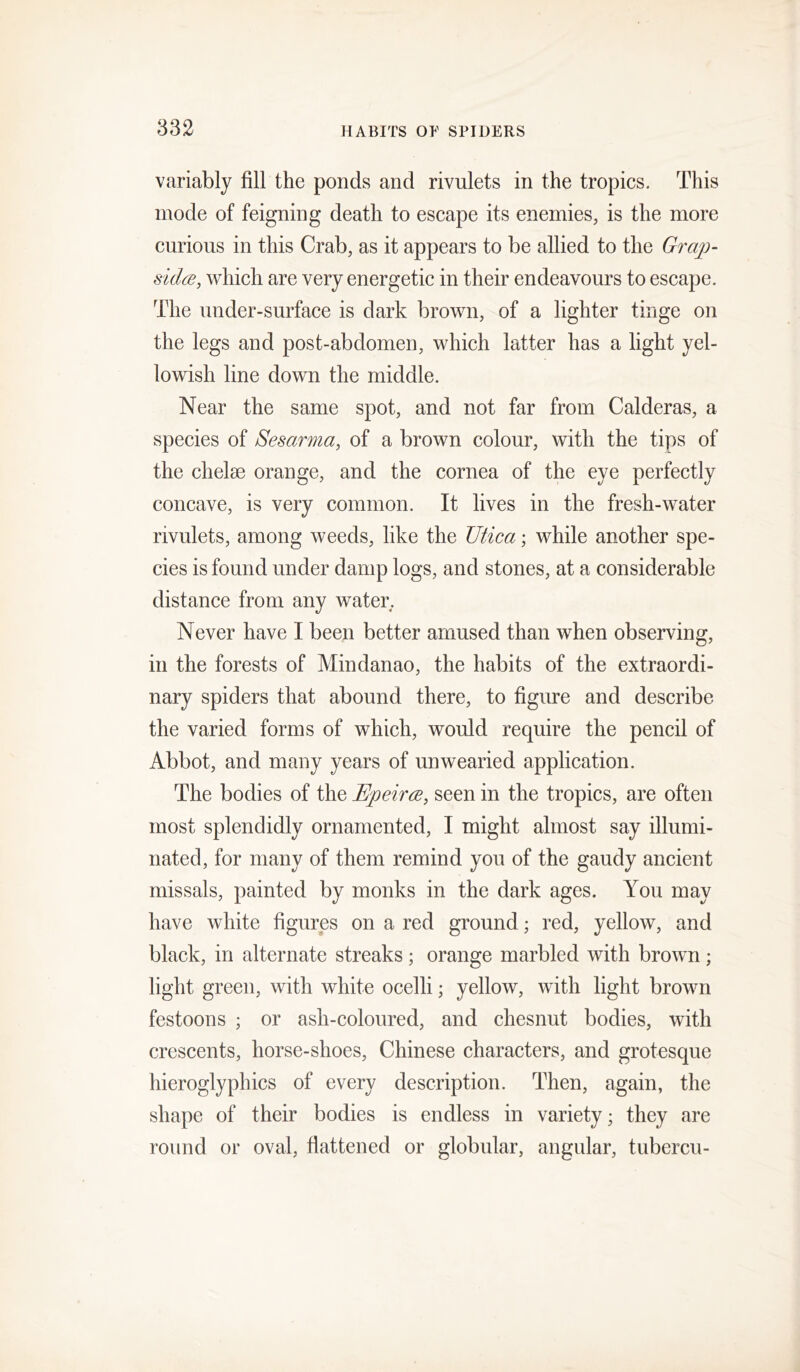 variably fill the ponds and rivulets in the tropics. This mode of feigning death to escape its enemies, is the more curious in this Crab, as it appears to be allied to the Grap- sidcB, which are very energetic in their endeavours to escape. The under-surface is dark brown, of a lighter tinge on the legs and post-abdomen, which latter has a light yel- lowish line down the middle. Near the same spot, and not far from Calderas, a species of Sesarma, of a brown colour, with the tips of the chelae orange, and the cornea of the eye perfectly concave, is very common. It lives in the fresh-water rivulets, among weeds, like the Utica; while another spe- cies is found under damp logs, and stones, at a considerable distance from any water. Never have I been better amused than when observing, in the forests of Mindanao, the habits of the extraordi- nary spiders that abound there, to figure and describe the varied forms of which, would require the pencil of Abbot, and many years of unwearied application. The bodies of the Epeirce, seen in the tropics, are often most splendidly ornamented, I might almost say illumi- nated, for many of them remind you of the gaudy ancient missals, painted by monks in the dark ages. You may have white figures on a red ground; red, yellow, and black, in alternate streaks ; orange marbled with brown ; light green, with white ocelli; yellow, with light brown festoons ; or ash-coloured, and chesnut bodies, with crescents, horse-shoes, Chinese characters, and grotesque hieroglyphics of every description. Then, again, the shape of their bodies is endless in variety; they are round or oval, flattened or globular, angular, tubercu-