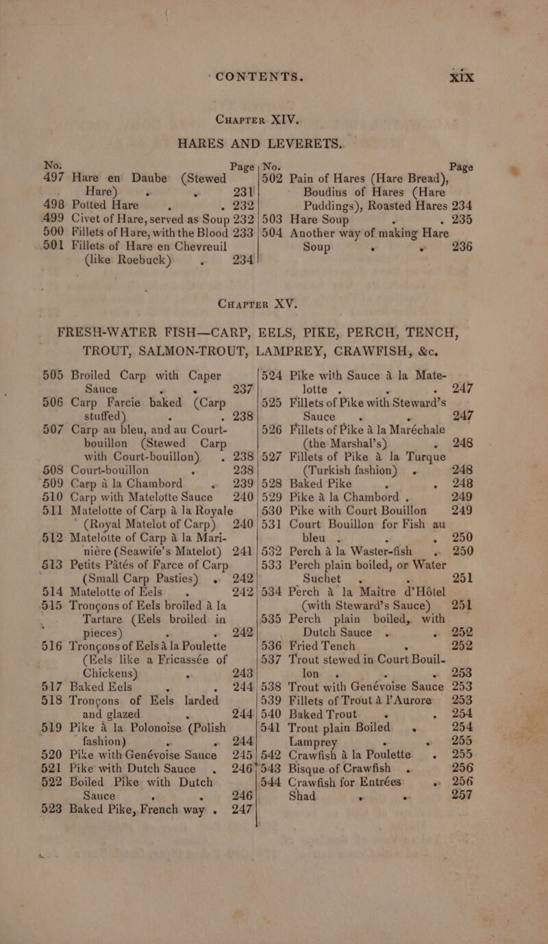 CuarTerR XIV. HARES AND LEVERETS. Pa 497 Hare en Daube ot 3 503 Pain of Hares (Hare Bread), . . Hare) ‘ 231 Boudins of Hares (Hare 498 Potted Hare ‘ . 232 Puddings), Roasted Hares 234 499 Civet of Hare, served as Soup 232/503 Hare Soup ‘ 235 500 Fillets of Hare, with the Blood 233 |504 Another way of making Hare 501 Fillets of Hare en Chevreuil Soup . . 236 (like Roebuck) ‘ 234 Cuaprer XV. FRESH-WATER FISH—CARP, EELS, PIKE, PERCH, TENCH, TROUT, SALMON-TROUT, LAMPREY, CRAWFISH, &amp;c. 505 Broiled Carp with Caper 524 Pike with Sauce a la Mate- Sauce 237 lotte . 247 506 Carp Farcie baked (Carp 525 Fillets of Pike with Steward’s stuffed) 238 Sauce 247 507 Carp au bleu, and au Court- 526 Fillets of Pike a ala Maréchale bouillon (Stewed Carp (the Marshal’s) 248 with Court-bouillon) . 238)527 Fillets of Pike a la Turque 508 Court-bouillon . 238 (Turkish fashion) . 248 ‘509 Carp a la Chambord » 239/528 Baked Pike . . 248 510 Carp with Matelotte Sauce 240/529 Pike a la Chambord . 249 511 Matelotte of Carp a la Royale 530 Pike with Court Bouillon 249 * (Royal Matelot of Carp) 240/531 Court Bouillon for Fish au 512 Matelotte of Carp a la Mari- bleu. . 250 niére (Seawife’s Matelot) 241/532 Perch a la Waster-fish «» 250 513 Petits Patés of Farce of Carp 533 Perch plain boiled, or Water (Small Carp Pasties) . 242 Suchet . 251 514 Matelotte of Hels. 242534 Perch 4 la Maitre a Hotel 515 Troncons of Eels broiled a la (with Steward’s Sauce) 251 Tartare (Eels broiled in 535 Perch plain boiled, with ; pieces) 242 Dutch Sauce .. 252 516 Troncons of Kels a la Poulette 536 Fried Tench 252 (Eels like a Fricassée of 537 Trout stewed in Court Bouil- Chickens) ° 243 lon. 253 517 Baked Eels . . 244/538 Trout with Genévoise Sauce 253 518 Trongons of Eels larded —— | 539 Fillets of Trouta Aurore 253 and glazed 244/540 Baked Trout ‘ . 254 519 Pike a la Polonoise (Polish 541 Trout plain Boiled . 254 fashion) “ 244 Lamprey » 295 §20 Pike with Genévoise Sauce 245 | 542 Crawfish a la Poulette - 200 521 Pike with Dutch Sauce . 2467543 Bisque of Crawfish . 256 522 Boiled Pike with Dutch 544 Crawfish for Entrées » 256 Sauce 246). Shad . “ 257 923 Baked Pike, French way . 247