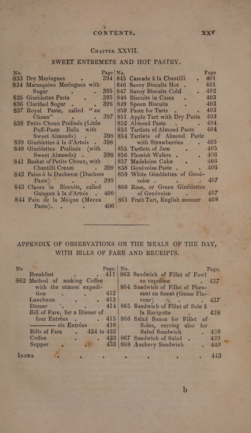 No. Page 833 Dry Meringues . 394 834 Marasquino Meringues with Sugar . ov O00 835 Gimblettes Paste x 395 836 Clarified Sugar . - 396 837 Royal Paste, called “au Choux” 397 838 Petits Choux Pralinés (Little Puff-Paste Balls with Sweet Almonds) 398 839 Gimblettes a la d’Artois 398 840 Gimblettes Pralinés (with Sweet Almonds) 398 841 Basket of Petits Choux, with Chantilli Cream 399 $42 843 Pains a la Duchesse (Duchess Paste) Choux in Biscuits, called Gateaux 4a la @ Artois 844 Pain de la Méque (Mecca Paste). . . 400 400 XXV No. Page 845 Cascade a la Chantilli 401 846 Savoy Biscuits Hot . 401 847 Savoy Biscuits Cold +» 402 848 Biscuits in Cases 403 849 Spoon Biscuits ;: 403 850 Paste for Tarts . - 4035 851 Apple Tart with Dry Paste 403 852 Almond Paste. . 404 853 Tartlets of Almond Paste 404 854 Tartlets of Almond Paste with Strawberries 405 855 Tartlets of Jam ‘ 405 856 Flemish Wafers . . 406 857 Madeleine Cake ; 406 858 Genévoise Paste . 406 859 White Gimblettes of Gené- voise . 407 860 Rose, or Green Gimhietss of (Gansunen i 861 Fruit Tart, English manner 408 OF THE DAY, No Page. Break fast 411 $62 Method of making Coffee with the utmost expedi- tion 412 Luncheon pw Als Dinner 414 Bill of Fare, for a Dinner of four Entrées 415 ———— six Entrées 416 Bills of Fare .. 484 to 482 Coffee 433 Supper ‘ = 433 INDEx i. , # No. Page 863 Sandwich of Fillet of Fowl au supréme 437 864 Sandwich of Fillet of Pike. sant au Bas (Game Fla- vour) 437 865 Sandwich of Fillet of Sole i la Ravigotte 866 Salad Sauce for Fillet of Soles, serving also for Salad Sandwich r 867 Sandwich of Salad . 43 868 Anchovy Sandwich