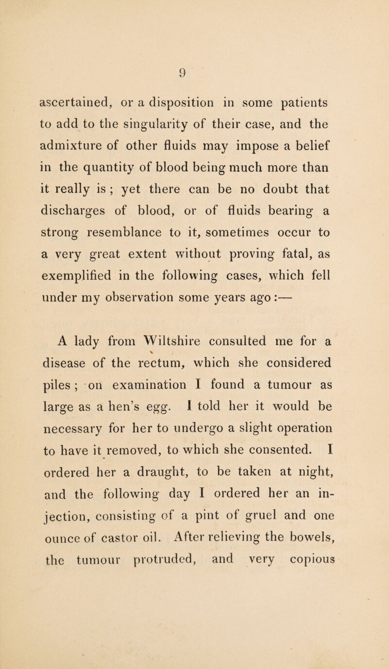 ascertained, or a disposition in some patients to add to the singularity of their case, and the admixture of other fluids may impose a belief in the quantity of blood being much more than it really is ; yet there can be no doubt that discharges of blood, or of fluids bearing a strong resemblance to it, sometimes occur to a very great extent without proving fatal, as exemplified in the following cases, which fell under my observation some years ago:— A lady from Wiltshire consulted me for a disease of the rectum, which she considered piles; on examination I found a tumour as large as a hen’s egg. I told her it would be necessary for her to undergo a slight operation to have it removed, to which she consented. I ordered her a draught, to be taken at night, and the following day I ordered her an in¬ jection, consisting of a pint of gruel and one ounce of castor oil. After relieving the bowels, the tumour protruded, and very copious