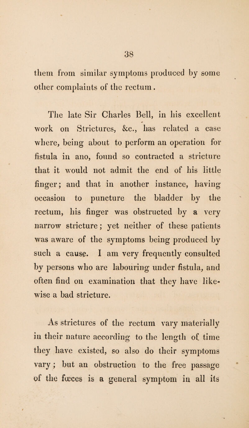 them from similar symptoms produced by some other complaints of the rectum. The late Sir Charles Bell, in his excellent work on Strictures, &c., has related a case where, being about to perform an operation for fistula in ano, found so contracted a stricture that it would not admit the end of his little finger; and that in another instance, having occasion to puncture the bladder by the rectum, his finger was obstructed by a very narrow stricture; yet neither of these patients was aware of the symptoms being produced by such a cause. I am very frequently consulted by persons who are labouring under fistula, and often find on examination that they have like¬ wise a bad stricture. As strictures of the rectum vary materially in their nature according to the length of time they have existed, so also do their symptoms vary; but an obstruction to the free passage of the fosces is a general symptom in all its