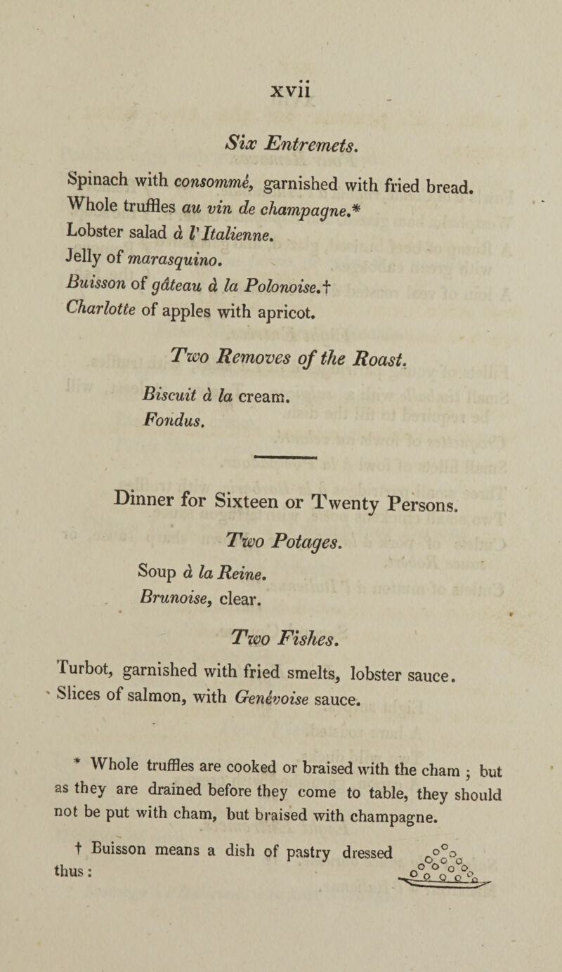 Six Entremets. Spinach with consommt, garnished with fried bread. Whole truffles au vin de champagne.* Lobster salad d Vltalienne. Jelly of marasquino. Buisson of gdteau d la Polonoise.f Charlotte of apples with apricot. Two Removes of the Roast. Biscuit d la cream. Fondus. Dinner for Sixteen or Twenty Persons. Two Potages. k / Soup d la Reine. Brunoise, clear. Two Fishes. Turbot, garnished with fried smelts, lobster sauce. Slices of salmon, with Genevoise sauce. Whole truffles are cooked or braised with the cham ; but as they are drained before they come to table, they should not be put with cham, but braised with champagne. t Buisson means a dish thus: of pastry dressed o o On o o o o o„ O o -S--Q
