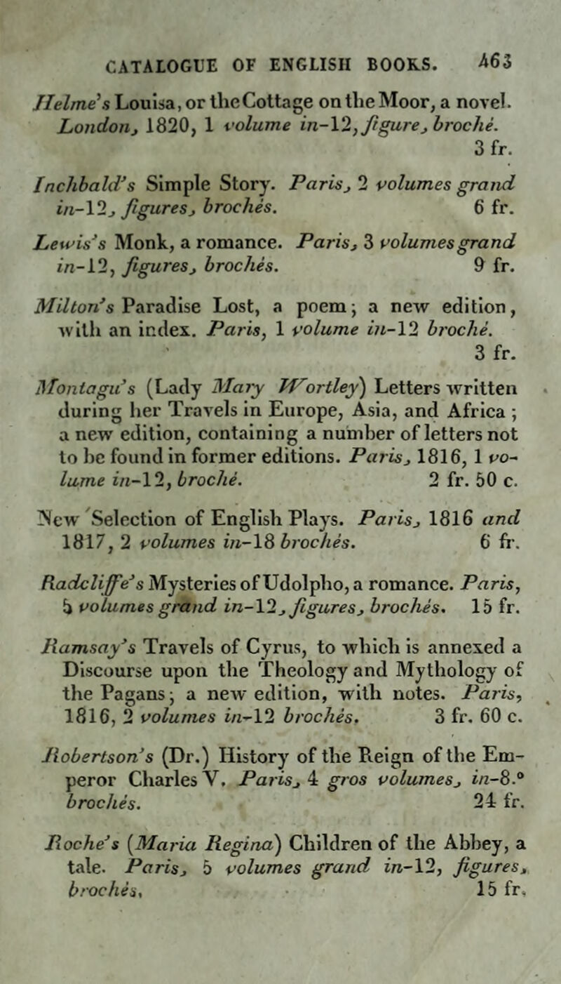CATALOGUE OF ENGLISH BOORS. A63 Jlelme's Louisa, or the Cottage on the Moor, a novel. London, 1820, 1 volume in-12, figure, broche. 3 fr. Inchbald’s Simple Story. Paris, 2 volumes grand in-12, figures, broches. 6 fr. Lewis's Monk, a romance. Paris, 3 volumes grand in-12, figures, broches. 9 fr. Milton's Paradise Lost, a poem; a new edition, with an index. Paris, 1 volume in-12 broche. 3 fr. Montagu's (Lady Mary J4rortley) Letters written during her Travels in Europe, Asia, and Africa ; a new edition, containing a number of letters not to he found in former editions. Paris, 1816, 1 vo¬ lume in-12, broche. 2 fr. 50 c. :New Selection of English Plays. Paris, 1816 and 1817, 2 volumes in-18 broches. 6' fr. Radcliffe's Mysteries of Udolpho, a romance. Paris, 5 volumes grand in-12, figures, broches. 15 fr. llamsay's Travels of Cyrus, to which is annexed a Discourse upon the Theology and Mythology of the Pagans j a new edition, with notes. Paris, 1816, 2 volumes i/z-12 broches. 3 fr. 60 c. Robertson’s (Dr.) History of the Pieign of the Em¬ peror Charles V. Paris, 4 gros volumes, in-8.° broches. 24 fr. Roche's (Maria Regina) Children of the Abbey, a tale. Paris, 5 volumes grand in-12, figures, broches, 15 fr,