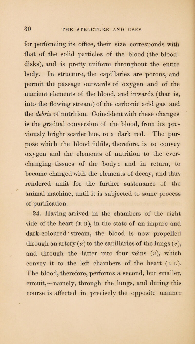 for performing its office, their size corresponds with that of the solid particles of the blood (the blood- disks), and is pretty uniform throughout the entire body. In structure, the capillaries are porous, and permit the passage outwards of oxygen and of the nutrient elements of the blood, and inwards (that is, into the flowing stream) of the carbonic acid gas and the debris of nutrition. Coincident with these changes is the gradual conversion of the blood, from its pre¬ viously bright scarlet hue, to a dark red. The pur¬ pose which the blood fulfils, therefore, is to convey oxygen and the elements of nutrition to the ever- changing tissues of the body; and in return, to become charged with the elements of decay, and thus rendered unfit for the further sustenance of the animal machine, until it is subjected to some process of purification. 24. Having arrived in the chambers of the right side of the heart (r r), in the state of an impure and dark-coloured' stream, the blood is now propelled through an artery (a) to the capillaries of the lungs (c), and through the latter into four veins (v), which convey it to the left chambers of the heart (l l). The blood, therefore, performs a second, but smaller, circuit,—namely, through the lungs, and during this course is affected in precisely the opposite manner