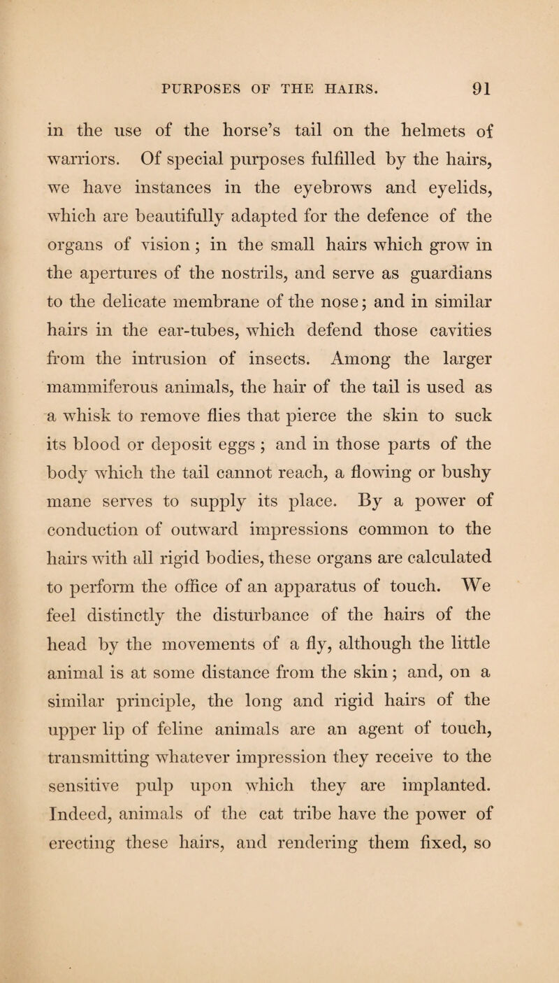 in the use of the horse’s tail on the helmets of warriors. Of special purposes fulfilled by the hairs, we have instances in the eyebrows and eyelids, which are beautifully adapted for the defence of the organs of vision; in the small hairs which grow in the apertures of the nostrils, and serve as guardians to the delicate membrane of the nose; and in similar hairs in the ear-tubes, which defend those cavities from the intrusion of insects. Among the larger mammiferous animals, the hair of the tail is used as a whisk to remove flies that pierce the skin to suck its blood or deposit eggs ; and in those parts of the body which the tail cannot reach, a flowing or bushy mane serves to supply its place. By a power of conduction of outward impressions common to the hairs with all rigid bodies, these organs are calculated to perform the office of an apparatus of touch. We feel distinctly the disturbance of the hairs of the head by the movements of a fly, although the little animal is at some distance from the skin; and, on a similar principle, the long and rigid hairs of the upper lip of feline animals are an agent of touch, transmitting whatever impression they receive to the sensitive pulp upon which they are implanted. Indeed, animals of the cat tribe have the power of erecting these hairs, and rendering them fixed, so