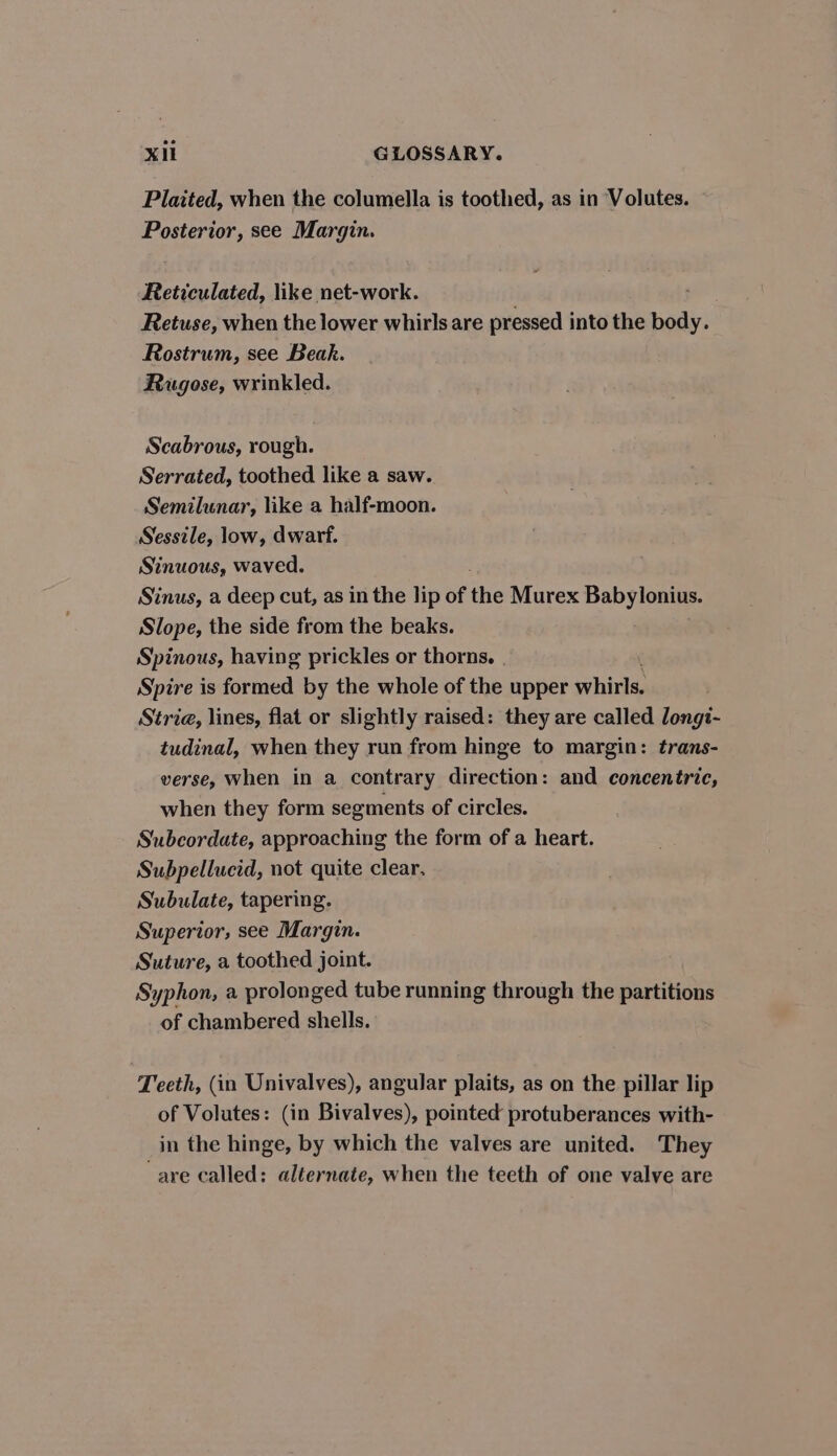 Plaited, when the columella is toothed, as in Volutes. Posterior, see Margin. Reticulated, like net-work. al Retuse, when the lower whirls are pressed into the body. Rostrum, see Beak. Rugose, wrinkled. Scabrous, rough. Serrated, toothed like a saw. Semilunar, like a half-moon. Sessile, low, dwarf. Sinuous, waved. Sinus, a deep cut, as in the lip of tite Murex Babylonius. Slope, the side from the beaks. Spinous, having prickles or thorns. Spire is formed by the whole of the upper shite Stria, lines, flat or slightly raised: they are called longi- tudinal, when they run from hinge to margin: trans- verse, When in a contrary direction: and concentric, when they form segments of circles. Subcordate, approaching the form of a heart. Subpellucid, not quite clear. Subulate, tapering. Superior, see Margin. Suture, a toothed joint. Syphon, a prolonged tube running through the partitions of chambered shells. Teeth, (in Univalves), angular plaits, as on the pillar lip of Volutes: (in Bivalves), pointed protuberances with- _in the hinge, by which the valves are united. They are called: alternate, when the teeth of one valve are