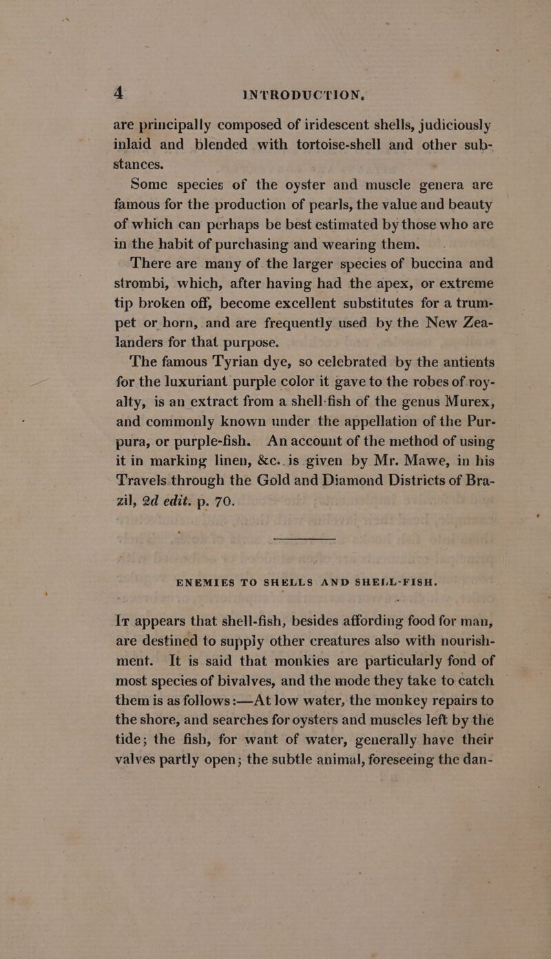are principally composed of iridescent shells, judiciously inlaid and blended with tortoise-shell and other sub- stances. Some species of the oyster and muscle genera are famous for the production of pearls, the value and beauty of which can perhaps be best estimated by those who are in-the habit of purchasing and wearing them. There are many of the larger species of buccina and strombi, which, after having had the apex, or extreme tip broken off, become excellent substitutes for a trum- pet or horn, and are frequently used by the New Zea- landers for that purpose. The famous Tyrian dye, so celebrated by the antients for the luxuriant purple color it gave to the robes of roy- alty, is an extract from a shell-fish of the genus Murex, and commonly known under the appellation of the Pur- pura, or purple-fish. An account of the method of using it in marking linen, &amp;c..is given by Mr. Mawe, in his Travels.through the Gold and Diamond Districts of Bra- zil, 2d edit. p. 70. ENEMIES TO SHELLS AND SHELL-FISH. Ir appears that shell-fish, besides affording food for man, are destined to supply other creatures also with nourish- ment. It is said that monkies are particularly fond of most species of bivalves, and the mode they take to catch them is as follows:—At low water, the monkey repairs to the shore, and searches for oysters and muscles left by the tide; the fish, for want of water, generally have their valves partly open; the subtle animal, foreseeing the dan-