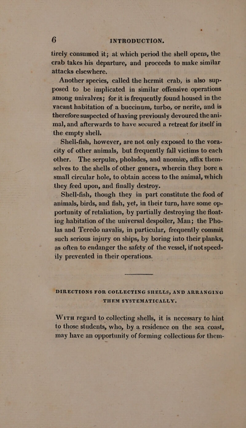 tirely consumed it; at which period the shell opens, the crab takes his departure, and proceeds to make similar attacks elsewhere, Another species, called the hermit crab, is also sup- posed to be implicated in similar offensive operations among univalves; for it is frequently found housed in the vacant habitation of a buccinum, turbo, or nerite, and is therefore suspected of having previously devoured the ani- mal, and afterwards to have secured a retreat for itself in the empty shell. Shell-fish, however, are not only bitte to the vora- city of other animals, but frequently fall victims to each other. The serpulz, pholades, and anomie, affix them- selves to the shells of other genera, wherein they bore a small circular hole, to obtain access to the animal, which they feed upon, and finally destroy. Shell-fish, though they in part constitute the food of animals, birds, and fish, yet, in their turn, have some op- portunity of retaliation, by partially destroying the float- ing habitation of the universal despoiler, Man; the Pho- las and Teredo navalis, in particular, frequently commit such serious injury on ships, by boring into their planks, as often to endanger the safety of the vessel, if not speed- ily prevented in their operations. DIRECTIONS FOR COLLECTING SHELLS, AND ARRANGING THEM SYSTEMATICALLY. Wirt regard to collecting shells, it is necessary to hint to those students, who, by a residence on the sea coast, may have an opportunity of forming collections for them-