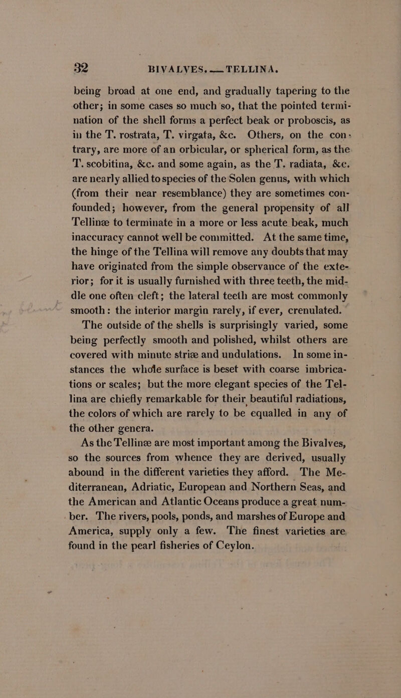 being broad at one end, and gradually tapering to the other; in some cases so much'so, that the pointed termi- nation of the shell forms a perfect beak or proboscis, as in the T. rostrata, T. virgata, &amp;c. Others, on the con- trary, are more of an orbicular, or spherical form, as the T. scobitina, &amp;c. and some again, as the T. radiata, &amp;c. are nearly allied to species of the Solen genus, with which (from their near resemblance) they are sometimes con- founded; however, from the general propensity of all Tellinee to terminate in a more or less acute beak, much inaccuracy cannot well be committed. At the same time, the hinge of the Tellina will remove any doubts that may have originated from the simple observance of the exte- rior; for it is usually furnished with three teeth, the mid- dle one often cleft; the lateral teeth are most commonly smooth: the interior margin rarely, if ever, crenulated. The outside of the shells is surprisingly varied, some being perfectly smooth and polished, whilst others are covered with minute strize and undulations. In some in- . stances the whole surface is beset with coarse imbrica- tions or scales; but the more elegant species of the Tel- lina are chiefly remarkable for their beautiful radiations, the colors of which are rarely to be equalled in any of the other genera. As the Tellinze are most important among the Bivalves, so the sources from whence they are derived, usually abound in the different varieties they afford. The Me- diterranean, Adriatic, European and Northern Seas, and the American and Atlantic Oceans produce a great num- ber. The rivers, pools, ponds, and marshes of Europe and America, supply only a few. The finest varieties are found in the pearl] fisheries of Ceylon.