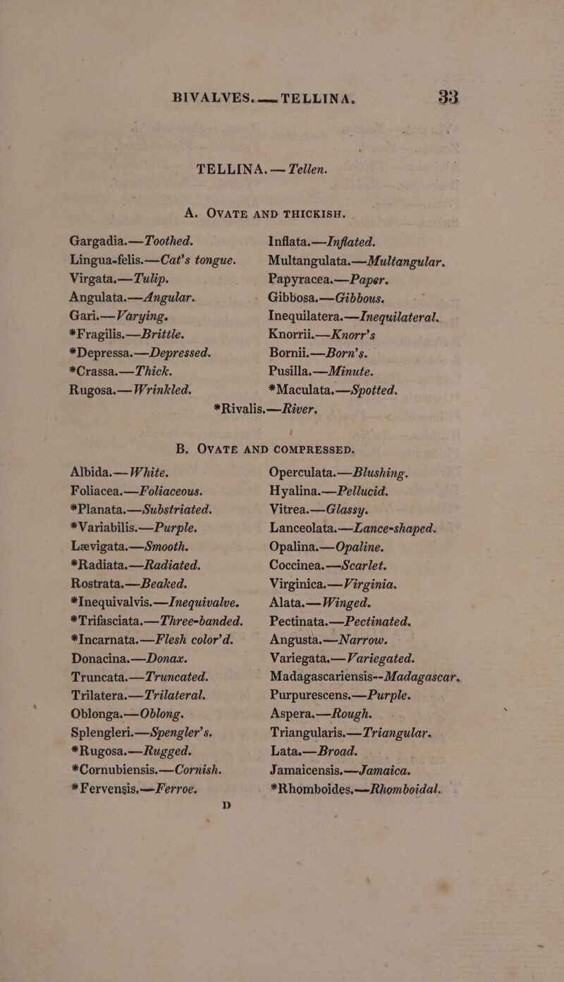 Gargadia.—Toothed. Lingua-felis.—Cat’s tongue. Virgata.—Tulip. Angulata.— Angular. Gari.— Varying. *Fragilis.—Britile. *Depressa.—Depressed. *Crassa.—Thick. Rugosa.— Wrinkled. Inflata.—Inflated. Multangulata.—Multangular. Papyracea.—Paper. Inequilatera.—JInequilateral. Knorrii.—Knorr’s Bornii.—Born’s. Pusilla.—Minute. *Maculata.—Spotted. Albida.— White. Foliacea.—Foliaceous. *Planata.—Substriated. *Variabilis.—Purple. Levigata.—Smooth. *Radiata.—Radiated. Rostrata.—Beaked. *Inequivalvis.—Inequivalve. *Incarnata.—Flesh color’d. Donacina.—Donax. Truncata.— Truncated. Trilatera.—Trilateral. Oblonga.— Oblong. Splengleri.—Spengler’s. *Rugosa.— Rugged. *Cornubiensis.—Cornish. *Fervensis. —Ferroe. D Operculata.— Blushing. Hyalina.—Pellucid. Vitrea.—Glassy. Lanceolata.—Lance-shaped. Opalina.—Opaline. Coccinea.—Scarlet. Virginica.—Virginia. Alata.— Winged. Pectinata.—Pectinated. Angusta.—Narrow. Variegata.—Variegated. Purpurescens.— Purple. Aspera.—Rough. Triangularis.— Triangular. Lata.a—Broad. Jamaicensis.—Jamaica. *Rhomboides.—Rhomboidal.