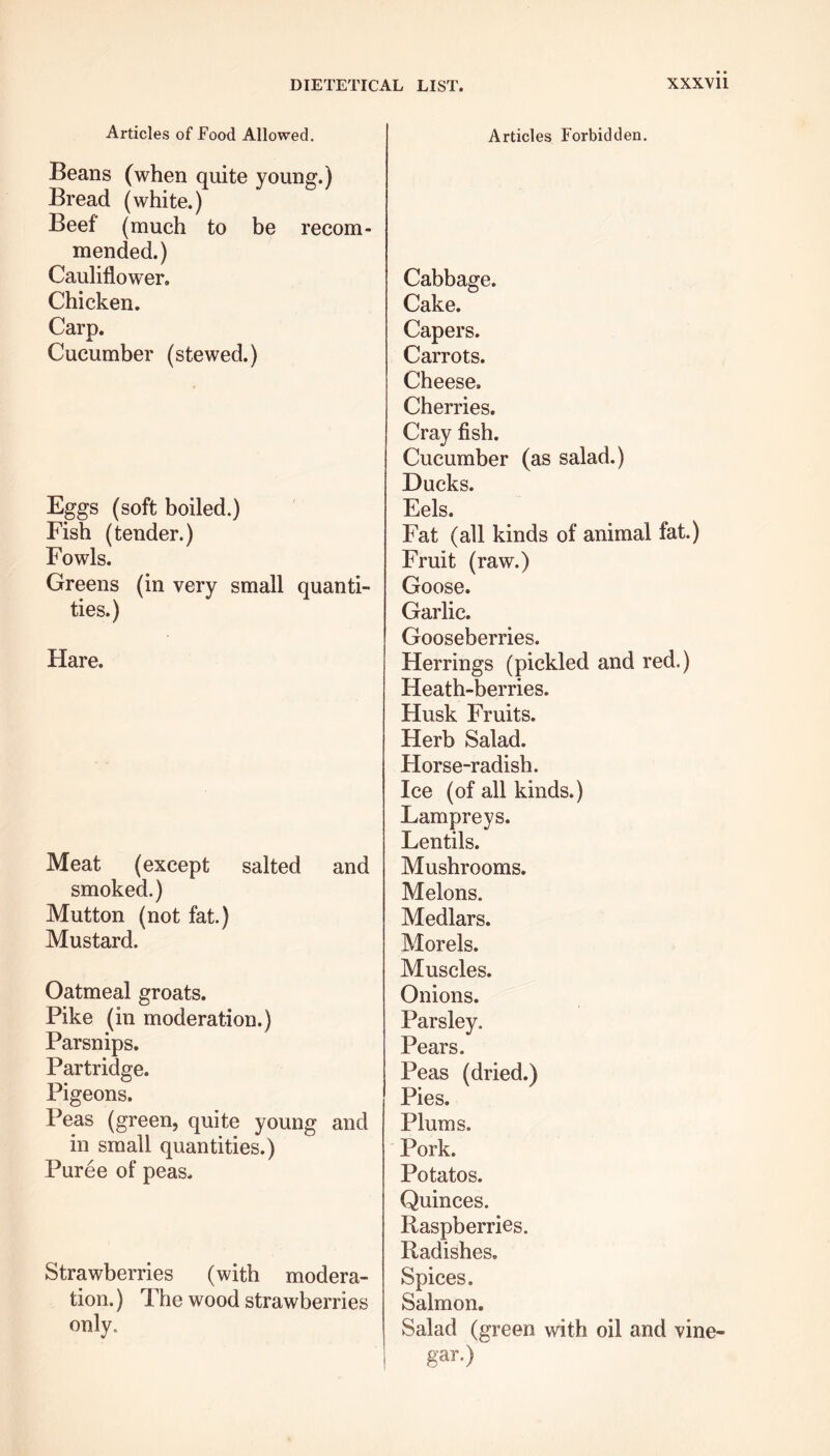 Articles of Food Allowed. Beans (when quite young.) Bread (white.) Beef (much to be recom- mended.) Cauliflower. Chicken. Carp. Cucumber (stewed.) Eggs (soft boiled.) Fish (tender.) Fowls. Greens (in very small quanti- ties.) Hare. Meat (except salted and smoked.) Mutton (not fat.) Mustard. Oatmeal groats. Pike (in moderation.) Parsnips. Partridge. Pigeons. Peas (green, quite young and in small quantities.) Puree of peas. Strawberries (with modera- tion.) The wood strawberries only. Articles Forbidden. Cabbage. Cake. Capers. Carrots. Cheese. Cherries. Cray fish. Cucumber (as salad.) Ducks. Eels. Fat (all kinds of animal fat.) Fruit (raw.) Goose. Garlic. Gooseberries. Herrings (pickled and red.) Heath-berries. Husk Fruits. Herb Salad. Horse-radish. Ice (of all kinds.) Lampreys. Lentils. Mushrooms. Melons. Medlars. Morels. Muscles. Onions. Parsley. Pears. Peas (dried.) Pies. Plums. Pork. Potatos. Quinces. Raspberries. Radishes. Spices. Salmon. Salad (green with oil and vine- gar.)