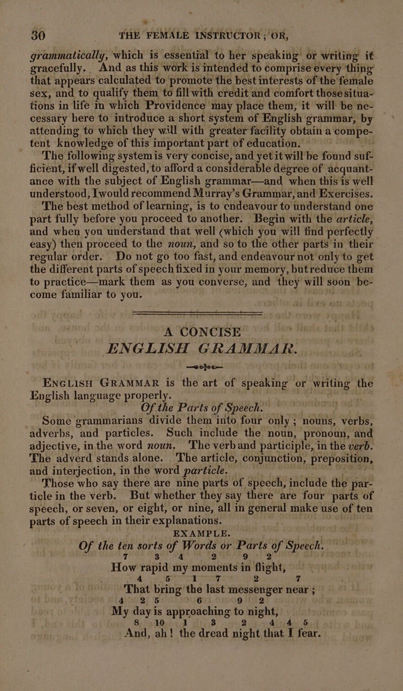 S| 30 HE FEMALE INSTRUCTOR; OR, grammatically, which is essential to her speaking or writing it gracefully. And as this work is intended to comprise every thing that appears calculated to promote the best interests of the female sex, and to qualify them to fill with credit and comfort those situa- tions in life m which Providence may place them, it will be ne- cessary here to introduce a short system of English grammar, by attending to which they will with greater facility obtain a seit) ee tent knowledge of this important part of education. _ _ The following system is very concise, and yet it will be found suf- ficient, if well digested, to afford a considerable degree of acquant- ance with the subject of English grammar—and when this is well understood, [would recommend Murray’ s Grammar, and Exercises. _ The best method of learning, is to endeavour to understand one part fully before you proceed to another. Begin with the article, and when you understand that well (which you will find perfectly easy) then proceed to the noun, and so to the other parts'in their regular order. Do not go too fast, and endeavour not only to get the different parts of speech fixed in your memory, but reduce them to practice—mark them as you converse, and they will soon he- come familiar to you. A CONCISE | ENGLISH GRAMMAR. —eofoe ENGLISH GRANMAR is the art of sped or writing the English language properly. Of the Parts of Speech. Some grammarians divide them into four only ; nouns, verbs, adverbs, “and particles. Such include the noun, pronoun, and adjective, inthe word noun, ‘The verb and participle, in the verb. The adverd stands alone. The article, conjunction, preposition, and interjection, in the word particle. | Those who say there are nine parts of speech, include the par- ticle in the verb. But whether they say there are four parts of speech, or seven, or eight, or nine, all in general make use of ten parts of speech in their explanations. ! EXAMPLE. Of the (oe Paes ae Words or eae on Speech. 5 . How rapid iy moments it in aight, 7 7 That bbihs the last messenger near ;_— 4°25 6 9 My Sgr is apexiseling to night, 10 2 AME. ah ! the eat night that t ety