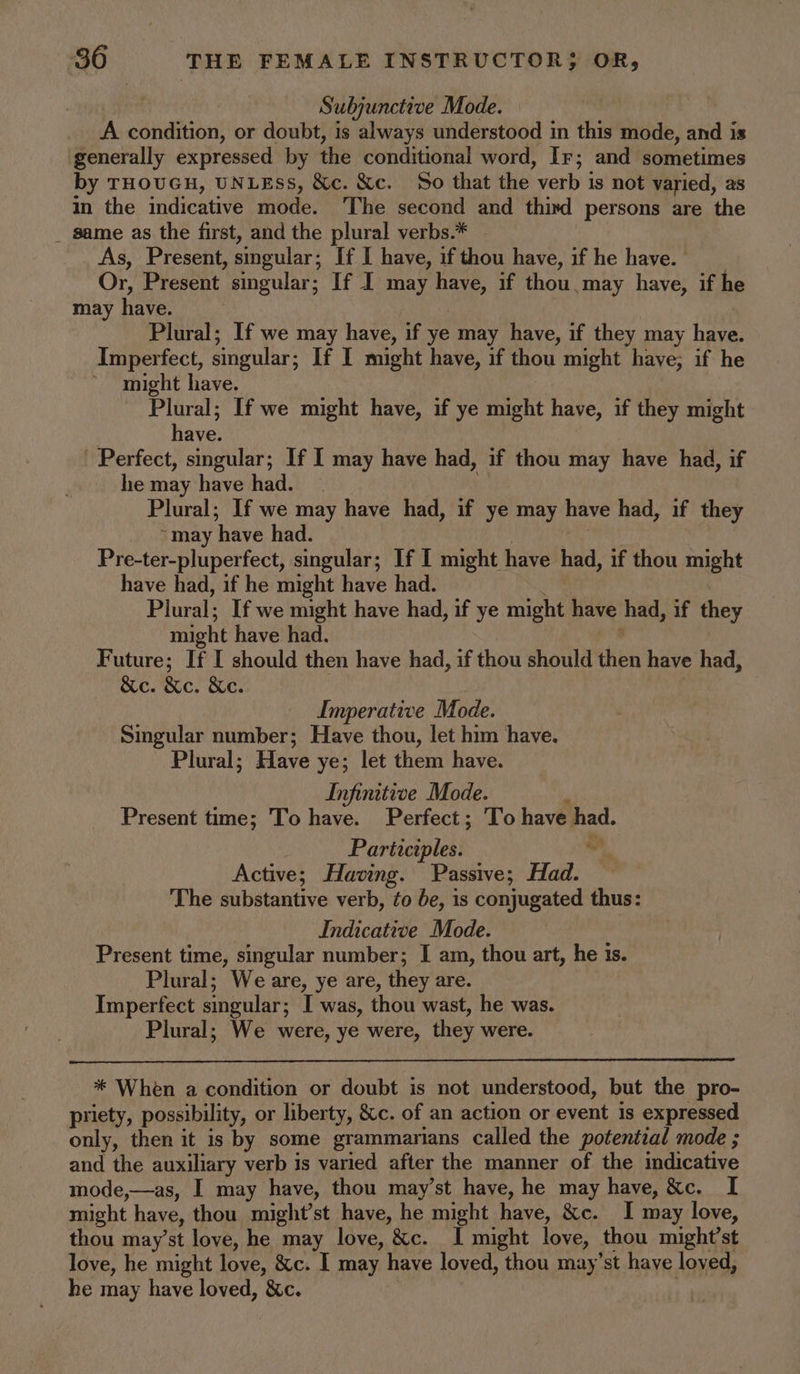 Subjunctive Mode. A condition, or doubt, is always understood in this mode, and is generally expressed by the conditional word, Ir; and sometimes by THOUGH, UNLEss, &amp;c. &amp;c. So that the verb is not varied, as in the indicative mode. ‘The second and third persons are the _ game as the first, and the plural verbs.* As, Present, singular; If I have, if thou have, if he have. Or, Present singular; If I may have, if thou.may have, if he may have. : | Plural; If we may have, if ye may have, if they may have. Imperfect, smgular; If I might have, if thou might have; if he might have. Plural; If we might have, if ye might have, if they might have. ' Perfect, smgular; If I may have had, if thou may have had, if he may have had. Plural; If we may have had, if ye may have had, if they ~may have had. | , Pre-ter-pluperfect, singular; If I might have had, if thou might have had, if he might have had. ae Plural; If we might have had, if ye might have had, if they might have had. ‘ Future; If I should then have had, if thou should then have had, &amp;e. &amp;c. Ke. Imperative Mode. Singular number; Have thou, let him have. Plural; Have ye; let them have. Infinitive Mode. ; Present time; To have. Perfect; To have had. Partzcples. — os” Active; Having. Passive; Had. The substantive verb, ¢o be, is conjugated thus: Indicative Mode. Present time, singular number; I am, thou art, he 1s. Plural; We are, ye are, they are. Imperfect smgular; I was, thou wast, he was. Plural; We were, ye were, they were. * When a condition or doubt is not understood, but the pro- priety, possibility, or liberty, &amp;c. of an action or event 1s expressed only, then it is by some grammarians called the potential mode ; and the auxiliary verb is varied after the manner of the indicative mode,—as, I may have, thou may’st have, he may have, &amp;c. [ might have, thou might’st have, he might have, &amp;c. I may love, thou may’st love, he may love, &amp;c. I might love, thou might’st love, he might love, &amp;c. I may have loved, thou may’st have loyed, he may have loved, &amp;c.