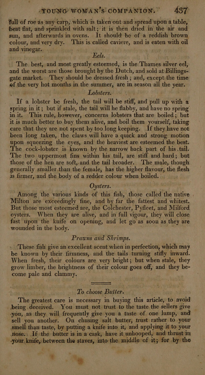 full of roe ds ‘any carp, which is taken out and spread upon a table, beat flat, and sprinkled with salt; it is then dried in the air and sun, and afterwards in ovens. It should be of a reddish brown colour, and very dry. This is called caviere, and is eaten with oil and vinegar. . , ’ Eels. The best, and most greatly esteemed, is the’ Thames silver eel, and the worst are those brought by the Dutch, and sold at Billings- gate market. ‘They should be dressed fresh ; and, except the time of the very hot months in the summer, are in season all the year. Lobsters. _ If a lobster be fresh, the tail will be stiff, and pull up with a spring in it; but if stale, the tail will he flabby, and have no spring init. This rule, however, concerns lobsters that are boiled; but it is much better to buy them alive, and boil them yourself, taking care that they are not spent by too long keeping. _If they have not been long taken, the claws will have a quick and strong: motion upon squeezing the eyes, and’ the heaviest are esteemed the best. ‘The cock-lobster. is known by the narrow back part. of his .tail. The two uppermost fins within his tail, are stiff and hard; but those of the hen are soft,.and the tail broader. The male, though generally smaller.thau the female, has the higher flavour, the flesh js firmer, and the body of a redder colour when boiled. °., | Oysters. A i _ Among the various kinds of this fish, those called the native | Milton are exceedingly fine, and by far the fattest and whitest. But those most esteemed are, the Colchester, Pyfleet, and Milford oysters. When they are alive, and in full vigour, they will close fast upon the knife on opening, and let go as soon as they are wounded in the body. ae Ne Prawns and Shrimps. . These fish give an excellent scent when in perfection, which may be known by their firmness, and the tails turning stifly inward. When fresh, their colours are very bright; but when stale, they grow limber, the brightness of their colour goes off, and they be- come pale and clammy. | ihe To choose Butter. | The greatest care is necessary in buying this article, to avoid being deceived. You must not trust to the taste the sellers give -you, .as they will frequently give you a taste of one lump, and sell you another. On chusing salt butter, trust rather to your smell than taste, by putting a knife into it, and applying it to your nose:; Ifthe butter is in a cask, have it unhooped, and thrust in your. knife,: between the staves, into'the middle*of it; for .by the 4 ame %