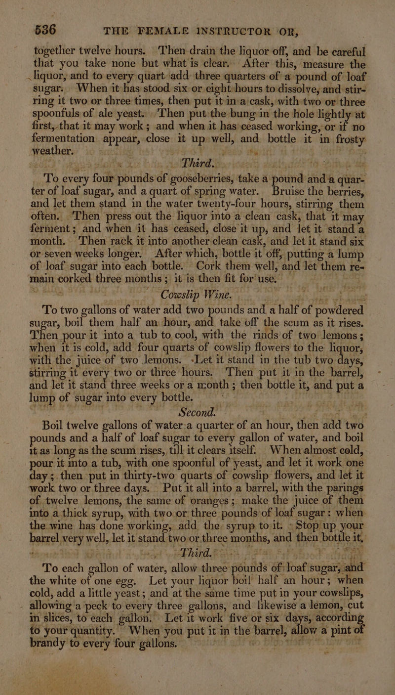 together twelve hours. ‘Then drain the liquor off, and be careful that you take none but what is clear. After this, measure the . liquor, and to every quart.:add three quarters of a pound of loaf sugar. When it has stood six or eight-hours to dissolve, and stir- ring it two or three times, then put it ina:cask, with two or three spoonfuls of ale yeast. .'Then put the bung in the hole lightly at first, that it may work ; and when it has ceased working, or if no fermentation appear, close it up»well, and bottle it in frosty ‘weather. whe SSP ING ae i Tot ices _ To every four pounds of gooseberries, take a pound anda quar- ter of loaf sugar, and a quart of spring water. Bruise the berries, and let them stand in the water twenty-four hours, stirring them often. ‘Then press out the liquor into a clean cask, that it may ferment ; and when it has ceased, close it up, and let it stand a month, ‘Then rack it into another-clean cask, and let it stand six or seven weeks longer. After which, bottle it off, putting a lump of loaf sugar into each bottle. Cork them well, and Jet them re- main corked three months; it is then fit for'use. — 4 RAG A a | ~~ Cowslip Wine. A eh oe gM To two gallons of water add two pounds and a half of powdered sugar, boil them half an: hour, and take off the scum as it rises. Then pour it into a tub to cool, with the rinds of two lemons; when it is cold, add four quarts of cowslip flowers to the liquor, with the juice of two lemons. «Let it stand in the tub two days, stirring it every two or three hours. ‘Then put it in the barrel, and let it stand three weeks or a month; then bottle it, and put a lump of sugar into every bottle. Ve USOT. AEs Mini. 3 , Second. ee Bi oye Boil twelve gallons of water-a quarter of an hour, then add two ounds and a half of loaf sugar to every gallon of water, and boil it. as long as the scum rises, till it clears itself. When almost cold, pour it into a tub, with one spoonful of yeast, and let it work one day; then put in thirty-two quarts of cowslip flowers, and let it work two or three days. Put it all into a barrel, with the parings of twelve lemons, the same of oranges; make the juice of them into a thick syrup, with two or three pounds of loaf sugar: when. the wine has done working, add the: syrup to it. » Stop up your barrel very well, let it stand two or three months, and then bottle it, To each gallon of water, allow three pounds of: loaf sugar, and the white of one egg. Let your liquor boil half an hour; when cold, add a little yeast; and at the-same time put in your cowslips, allowing a peck to every three gallons, and hkewise a lemon, cut in slices, to each gallon. Let it work five or saltes h tioas to your quantity. When you put it in the barrel, allow a pinto brandy to every four gallons. Rd eo Diep rstiw 5 tow oie