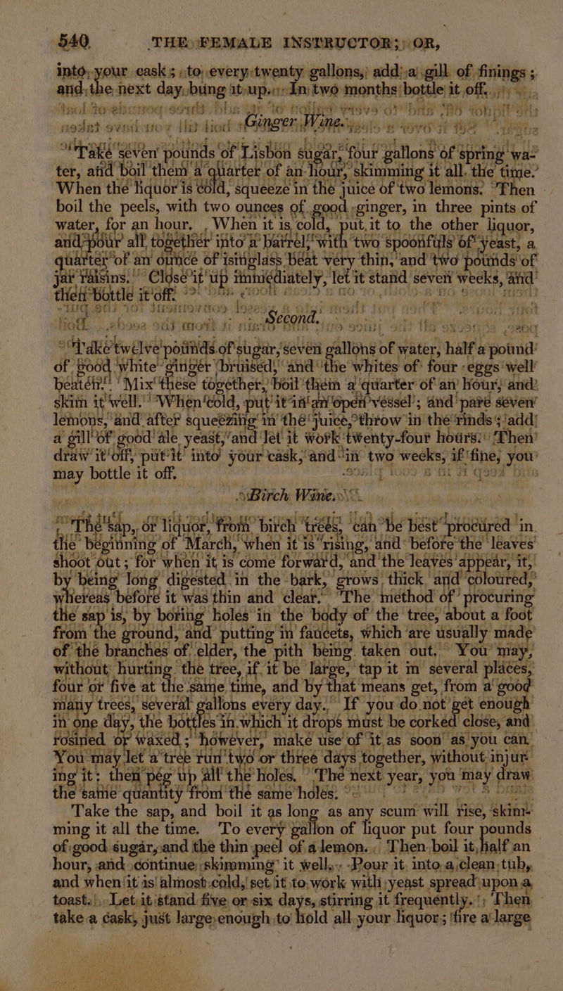 ipl your cask ; to, every:twenty gallons,’ add?)a) gill. of finings ; and,the next day, bung 1t,up.«, Im two months bottle it off...) trol Fo-ek } toe tralia wases ot brn AS ‘won Sy Len rie oottt jt er yay i : 7% reNGET | MB sieves |, eyes yp Ty round 9VEi He? (hot aot a ~ ottwoninaco 2alttod otste te tio loo eipit trorian = Th vault Wt a rake seven pounds of Lisbon sugar, four gallons of spring wa- oq) o sil, is if a hes TIE ie yey he Lic ee top. “Yeoy wiry fe Be Be Oe ee ter, afid boil them a quarter of an hour, skimming it all, the time. boil the peels, with two ounces eigen ‘ginger, in three pints of hoe Sh) Mor Ff Hiei BIA at HIG Sas VO: SStieyito9 jase &amp; Oins CeSeAT I fio a i in econd.. obit ant Ti sySerde .oaDo oPdke'twelve'potinds of stigar, seve A gallons of water, half a pound! of Sood ‘white’ gingér ‘bruised; andthe whites of’ four «eggs well beatéin® Mix''these together, boil 'th¢ein a quarter: of an’ Hour; and: skim it'well.’ When old, put' itn‘ an open vessel’; and’ pare seven’ lemons, and after squeézitig’ in’ thé juice, throw ‘in the rinds $!addj a gill’Of good’ ale yeast,’and ‘let it work ‘twenty-four hours): ‘Then’ draw it‘off, put'it’ into’ your cask,’ and“in two weeks, if'fine, you may bottle it off. ie SOSiG 109 BOT M'Gs9d bits . Birch Wine”. rer ee cr vind ak och} ~ CV off bag on it af Ls on : on arenes | 4 fey ten de r The'sap, dt liquor, from: birch trees, ‘can be best proctired in. b i ereas before it was thin and clear.” The ‘method of’ procuring the sap is, by boring holes in the body of the ‘tree, about a foot in one day, the hott es in.which it drops must be corked close; and’ rosinied or waxed ; ‘however, maké use of it.as soon’ as you can. You may Jet a’tree tun'two or three days together, without injur ing it; then pég up all'the’holes. ‘The next year, you may draw the ‘same quantity ‘from the same‘holés. 920 7 Take the sap, and boil it as long as any scum will rise, ‘skim- ming it all the time. To every gallon of liquor put four pounds of good, sugar,:and the thin peel of alemon.,. Then. boil it, hialf an hour, and continue skimming’ it well. -Pour it, into,a,clean-tub,. and when/it as’ almost-cold, set. it to, work with yeast spread\apon a toast. Let;it stand five or six days, stirring it frequently. '; Then — take.a cask, just large enough to liold all. your liquor; !fire a large