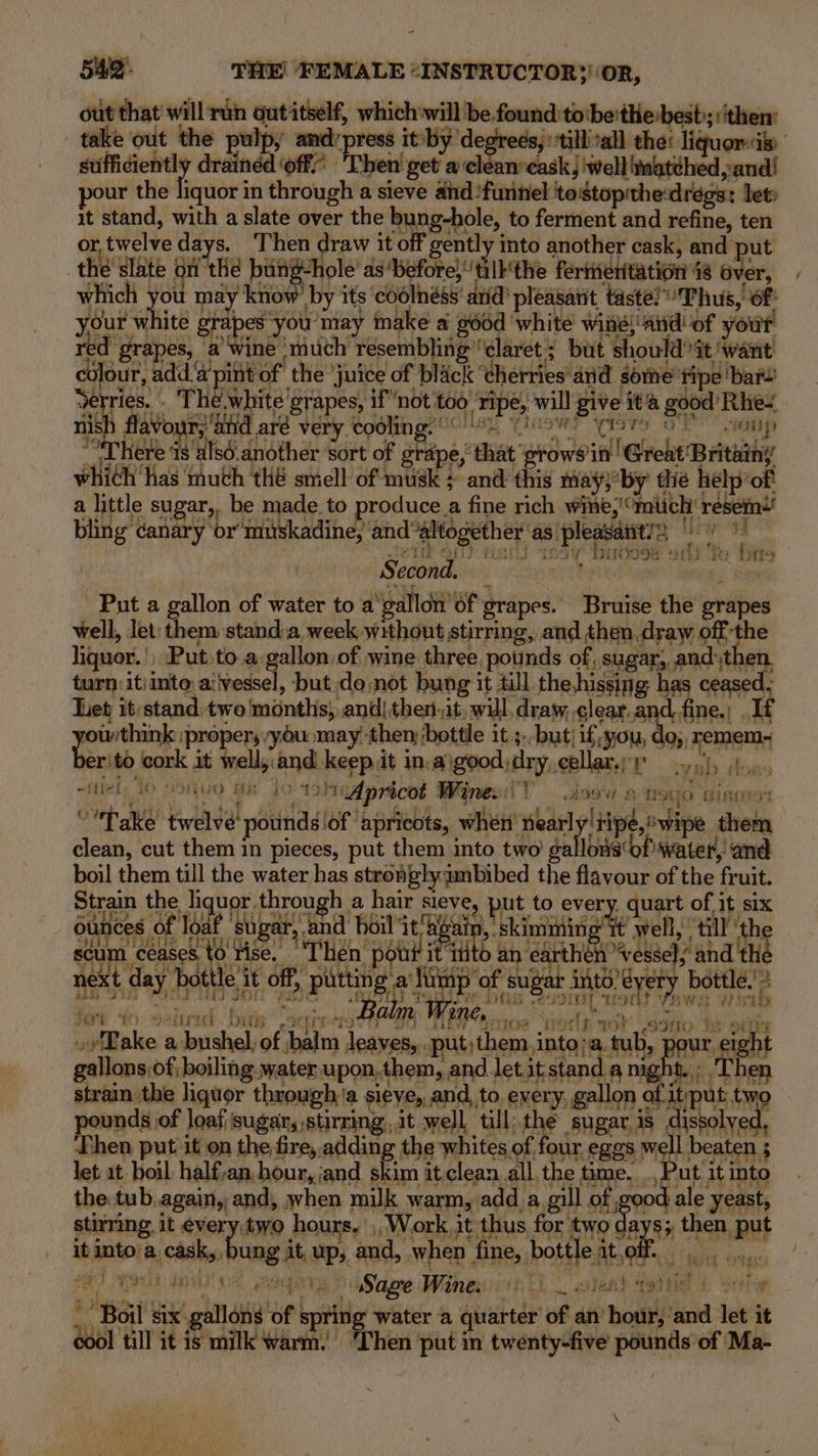 out that will ran Gutitself, which will be.found to beithe best); :ithen: take out the pulp, andypress itby degreds, tillivall the: liquorks suffidientl: dratnéd off? ae Then get a clean’ cask well at¢hed,-andi pour the liquor in through a sieve and funnel toxtopthe-dregs: lets it stand, with a slate over the bung-hole, to ferment and refine, ten or, twelve days. Then draw it off gentl into another cask, and put the’ slate on ‘the bun; -hole’ as before} “tlkthe Terixetacion 48 which yo ou may ‘know byii its ‘COolnese arid’ pleasanit taste! Thus, 6f yout white Billet ‘you may make a good ‘white wine, and of your red ert a wine | auch Fe of Blick ‘claret but should! ‘it. ip ain Hed 4 ‘uth thE stil of intial ‘ant this 8 a a die a hese of a little sugar,, be made. to produce.a fine rich wine, ‘mich resem! bling canary or muskadine, and’ “altogether as. s pleasant” {ie le iy Hi16998 it Fo Nite Second. oie propery. agi ell ion hottle il batt if you, 1g; cbs to cork it well, fia keep it in.a good; dry ce Manel ' yah d #ffteie 1O HBO ig 12 Apricot Wine. t th Tae » H9G0 b ise’ Take triavel pot of ‘apricots, when’ nearly Ihipd eofipe iio clean, cut them in pieces, put them into two gallons’ f water, and boil them till the water has stronglyambibed the flavour of the ‘fr uit. Strain the. hquor through a hair en vee to every. quart of it six ounces ¢ of loaf sugar, sa ‘boil it , Skimming He well, | till ‘th hi ceases, to rise, “Then pout it 4 i¢ an’ earthen vessel; and th next day bottle i it off, patting a’ Jamp: of su; gar into) ee bottle. 3 bade 91 JIG, Oa YRwa Wi isal by dot do: Seated buts seq “Balm ¥V MANE sree guel pn » _ Bake a pride At hain leaves, put, them into‘a. ‘tut, por eeh gallons: Of; boiling water upon, them, and. let it-stand ¢ anight..: ‘Th strain the liquor througha sieve, and, to. every, gallon of i itput i pounds of loafisugar, ; stirning, it well, till: the sugar. is gastolyed . ‘Then put it on the fire, adding the whites of four eggs well beaten ; let at. boil, half, van, hour, jand seams it, clean all the time. . Put i it into the tub again, and, when milk warm, add a gill of, od ale yeast, stirring. it every: two hours, Work. it thus, for two i s; then pend it into! a: Lakers m8 it, up, and, when fine, bottle at ats off. aida BUS > Same Wines th aies | told b Stiw Boil six gall ‘of § spring water a quarter of an’ ‘bot : and: ies it édol till it is milk warm.’ ‘Then pee in twenty-five pounds: of Ma-