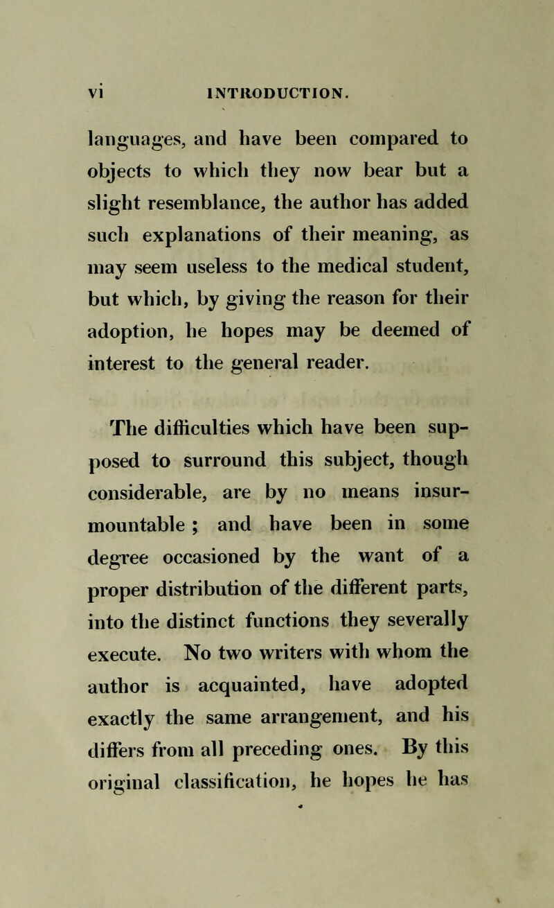 languages, and have been compared to objects to which they now bear but a slight resemblance, the author has added such explanations of their meaning, as may seem useless to the medical student, but which, by giving the reason for their adoption, he hopes may be deemed of interest to the general reader. The difficulties which have been sup¬ posed to surround this subject, though considerable, are by no means insur¬ mountable ; and have been in some degree occasioned by the want of a proper distribution of the different parts, into the distinct functions they severally execute. No two writers with whom the author is acquainted, have adopted exactly the same arrangement, and his differs from all preceding ones. By this original classification, he hopes he has