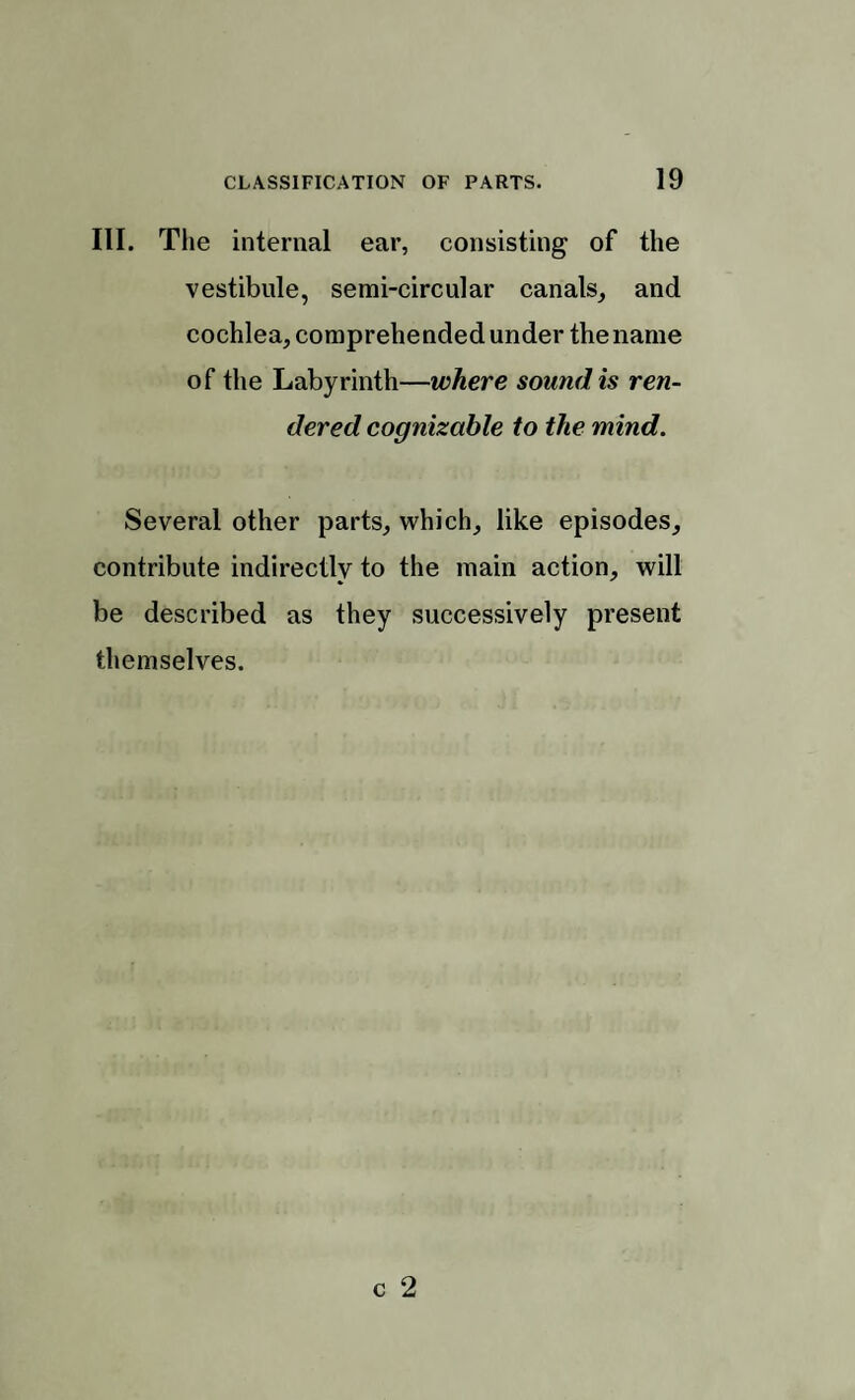 III. The internal ear, consisting of the vestibule, semi-circular canals, and cochlea, comprehended under the name of the Labyrinth—where sound is ren¬ dered cognizable to the mind. Several other parts, which, like episodes, contribute indirectly to the main action, will be described as they successively present themselves.