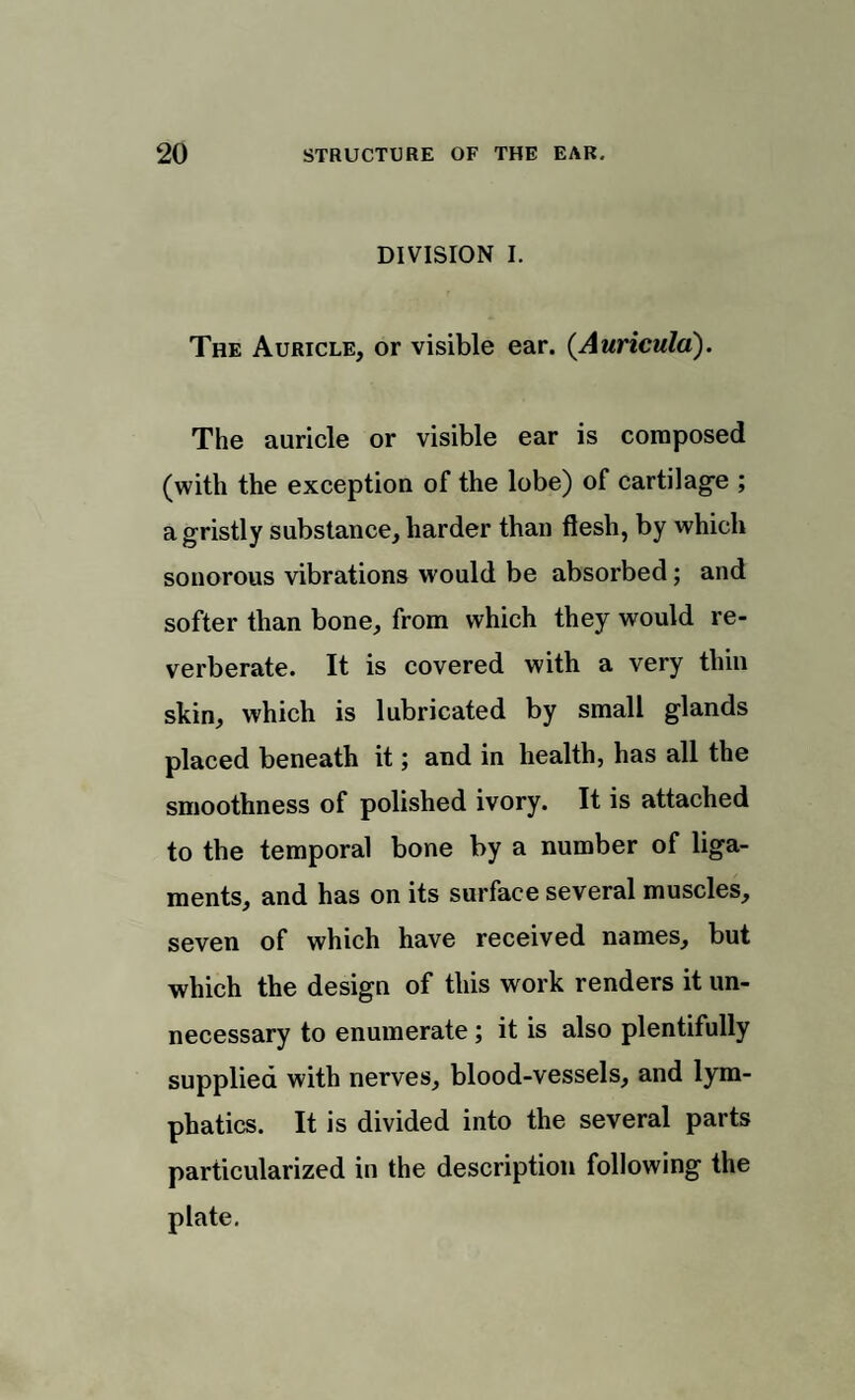 DIVISION I. The Auricle, or visible ear. {Auricula). The auricle or visible ear is composed (with the exception of the lobe) of cartilage ; a gristly substance, harder than flesh, by which sonorous vibrations would be absorbed; and softer than bone, from which they would re¬ verberate. It is covered with a very thin skin, which is lubricated by small glands placed beneath it; and in health, has all the smoothness of polished ivory. It is attached to the temporal bone by a number of liga¬ ments, and has on its surface several muscles, seven of which have received names, but which the design of this work renders it un¬ necessary to enumerate; it is also plentifully supplied with nerves, blood-vessels, and lym¬ phatics. It is divided into the several parts particularized in the description following the plate.