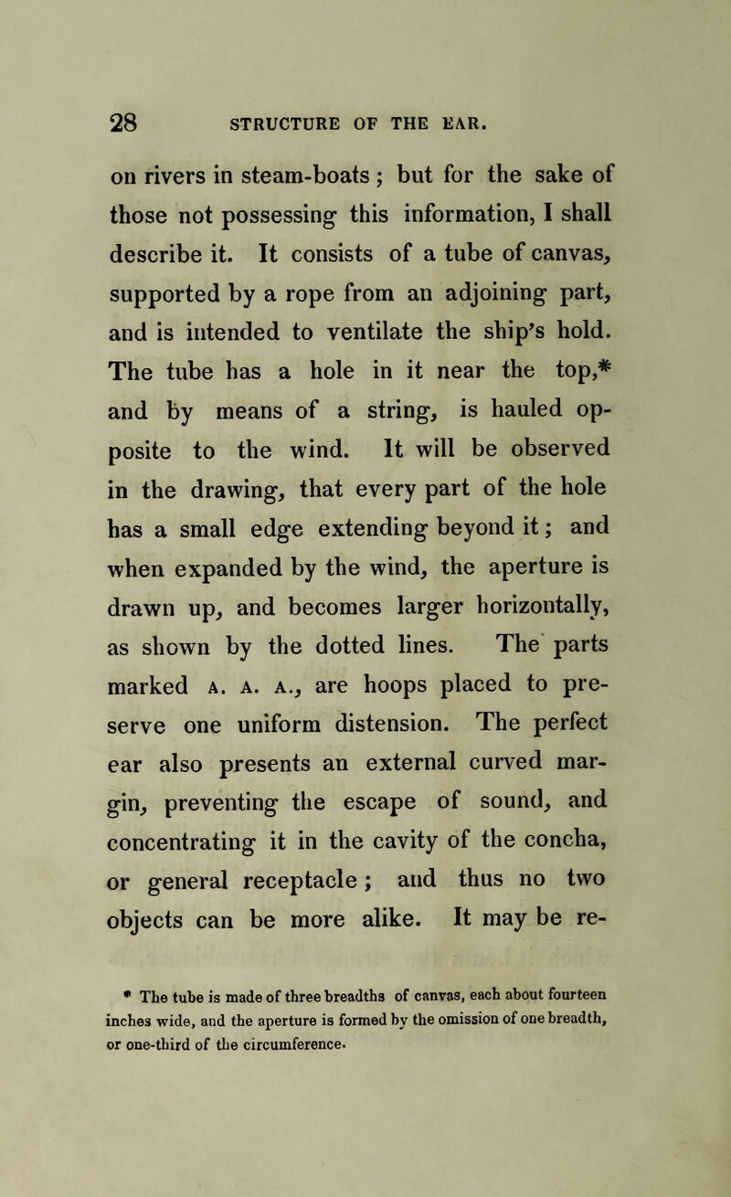 on rivers in steam-boats ; but for the sake of those not possessing this information, I shall describe it. It consists of a tube of canvas, supported by a rope from an adjoining part, and is intended to ventilate the ship’s hold. The tube has a hole in it near the top,# and by means of a string, is hauled op¬ posite to the wind. It will be observed in the drawing, that every part of the hole has a small edge extending beyond it; and when expanded by the wind, the aperture is drawn up, and becomes larger horizontally, as shown by the dotted lines. The parts marked a. a. a., are hoops placed to pre¬ serve one uniform distension. The perfect ear also presents an external curved mar¬ gin, preventing the escape of sound, and concentrating it in the cavity of the concha, or general receptacle; and thus no two objects can be more alike. It may be re- * The tube is made of three breadths of canvas, each about fourteen inches wide, and the aperture is formed by the omission of one breadth, or one-third of the circumference.