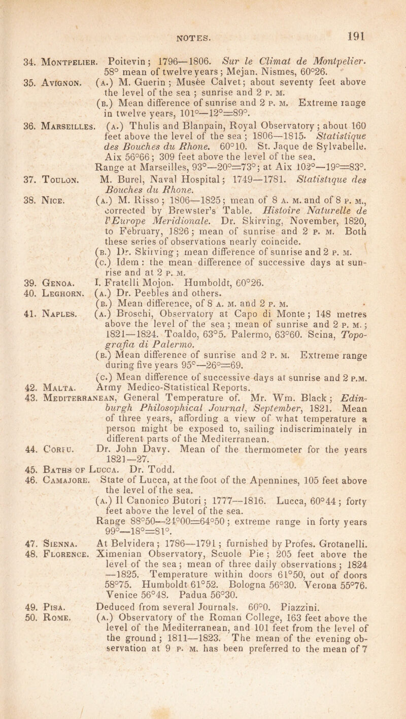 35. Avignon. 36. Marseilles. 37. Toulon. 38. Nice. 39. Genoa. 40. Leghorn 41. Naples. 34. Montpelier. Poitevin; 1796—1806. Sur le Climat de Montpelier. 58° mean of twelve years; Mejan. Nismes, 60°26. (a.) M. Guerin; Musee Calvet; about seventy feet above the level of the sea ; sunrise and 2 p. m. (b.) Mean difference of sunrise and 2 p. m. Extreme range in twelve years, 101°—12°=89°. (a.) Thulis and Blanpain, Royal Observatory; about 160 feet above the level of the sea ; 1806—1815- Statistique des Bouches du Rhone. 60°10. St. Jaque de Sylvabelle. Aix 56°66 ; 309 feet above the level of the sea. Range at Marseilles, 93°—20°=73°; at Aix 102°—19°=83°. M. Burel, Naval Hospital; 1749—1781. Statistique des Bouches du Rhone. (a.) M. Risso ; 1806—1825; mean of 8 a. m. and of 8 p. m., corrected by Brewster’s Table. Histoire Naturelle de VEurope Meridionale. Dr. Skirving, November, 1820, to February, 1826; mean of sunrise and 2 p. m. Both these series of observations nearly coincide. (b.) Dr. Skirving; mean difference of sunrise and 2 p. m. (c.) Idem : the mean difference of successive days at sun- rise and at 2 p. m. I. Fratelli Mojon. Humboldt, 60°26. (a.) Dr. Peebles and others. (b.) Mean difference, of 8 a. m. and 2 p. m. (a.) Broschi, Observatory at Capo di Monte ; 148 metres above the level of the sea ; mean of sunrise and 2 p. m, ; 1821—1824. Toaldo, 63°5. Palermo, 63°60. Scina, Topo- grafia di Palermo. (b.) Mean difference of sunrise and 2 p. m. Extreme range during five years 95°-—26°=69. (c.) Mean difference of successive days at sunrise and 2 p.m. Army Medico-Statistical Reports. 43. Mediterranean, General Temperature of. Mr. Wm. Black; Edin- burgh Philosophical Journal, September, 1821. Mean of three years, affording a view of what temperature a person might be exposed to, sailing indiscriminately in different parts of the Mediterranean. Dr. John Davy. Mean of the thermometer for the years 1821—27. 45. Baths of Lucca. Dr. Todd. 46. Camajore. State of Lucca, at the foot of the Apennines, 105 feet above the level of the sea. (a.) II Canonico Butori; 1777—1816. Lucca, 60°44; forty feet above the level of the sea. Range 88°50—24°00=64o50; extreme range in forty years 99°—1:80=81°. 47. Sienna. AtBelvidera; 1786—1791; furnished by Profes. Grotanelli. 48. Florence. Ximenian Observatory, Scuole Pie ; 205 feet above the level of the sea ; mean of three daily observations ; 1824 —1825. Temperature within doors 6l°50, out of doors 58°75. Humboldt 61°52. Bologna 56°30. Verona 55°76. Venice 56°48. Padua 56°30. Deduced from several Journals. 60°0. Piazzini. (a.) Observatory of the Roman College, 163 feet above the level of the Mediterranean, and 101 feet from the level of the ground; 1811—1823. The mean of the evening ob- servation at 9 p. m. has been preferred to the mean of 7 42. Malta. 44. Corfu. 49. Pisa. 50. Rome.