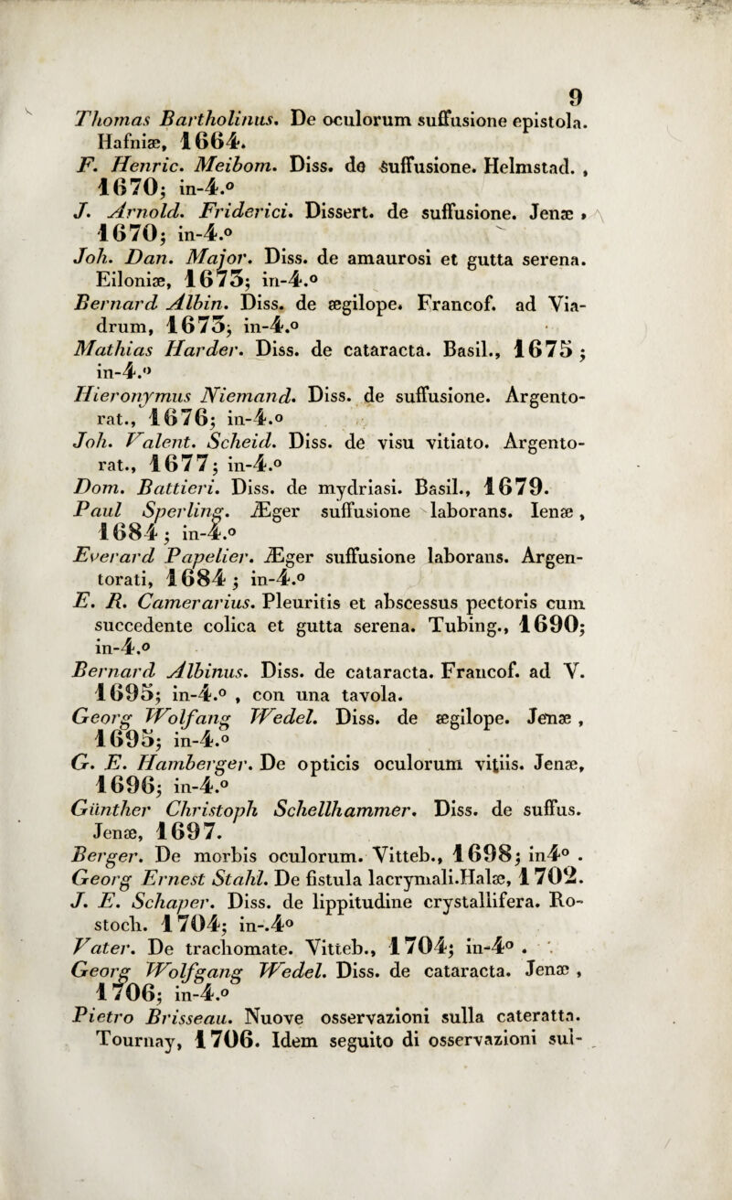 Thomas Bartholimis. De oculorum suffusione epistola. Hafniae, 1664» F. Henric. Meihom. Diss. de -Suffusione. Helmstad. , 1670; in-4.° J. Arnold. Friderici. Dissert. de suffusione. Jense » 1670; in-4.° Joh. Dan. Major. Diss. de amaurosi et gutta serena. Eilonise, 1673; in-4.° Bernard Alhin. Diss. de segilope. Francof. ad Via- drum, 1673; in-4.° Mathias Harder. Diss. de cataracta. Basii., 1675; in-4.° Hieronymus Niemand. Diss. de suffusione. Argento- rat., 1676; in-4.° Joh. Valeni. Scheid. Diss. de visu vitiato. Argento- rat., 1677; in-4.° Dom. Battieni. Diss. de mydriasi. Basii., 1679. Paul Sperline. iEger suffusione x laborans. Iena?, 1684; in-4.° Everard Papelier. iEger suffusione laborans. Argen¬ torati, 1684; in-4.° E. R. Camerarius. Pleuritis et abscessus pectoris cum succedente colica et gutta serena. Tubing., 1690; in-4.° Bernard Alhinus. Diss. de cataracta. Francof. ad V. 1695; in-4.° , con una tavola. TVedel. Diss. de segilope. Jenae , Geore TVolfang 1695; in-4.° G. E. Hamherger. De opticis oculorum vitiis. Jense, 1696; in-4.° Giinther Christoph Schellhammer. Diss. de suffus. Jense, 1697. Bergen. De morbis oculorum. Vitteb., 1698; in4° . Georg Ernest Stalli. De fistula lacrymali.Halse, 1 702. J. E. Schaper. Diss. de lippitudine crystaliifera. B.o~ stocb. 1704; in-.4° Vater. De tracbomate. Vitteb.» 1704; in-4° . Geoide Wolfgang TVedel. Diss. de cataracta. Jense , 1706; in-4.o Pietro Brisseau. Nuove osservazioni sulla cateratta. Tournay, 1706. Idem seguito di osservazioni sui-
