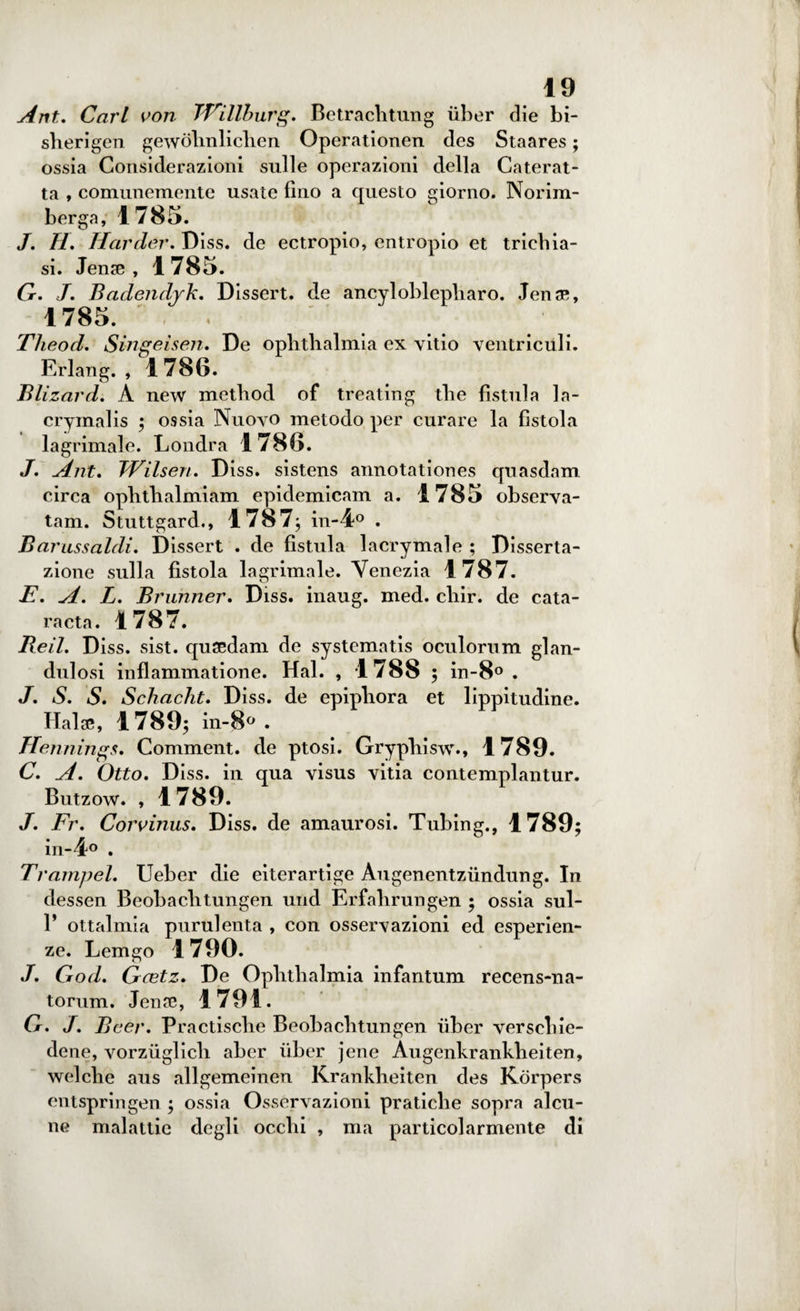 Aut. Cari von TVillburg, Betraclitung ùber die bi- sherigen gewòlmlichen Operationen des Staares ; ossia Considerazioni sulle operazioni della Caterat¬ ta , comunemente usate fino a questo giorno. Norim¬ berga, 1 785. J. H. Hardér. Diss. de ectropio, entropio et triehia- si. Jen* , 1 785. G. J. Badendjk, Dissert. de ancyloblepliaro. Jena?, 1785. ' < ' Theod, Singeìsen. De oplitlialmia ex yitio ventricidi. Erlang. , 1 786. Blizard. A new method of treating tbe fistula la- crymalis ; ossia Nuovo metodo per curare la fistola lagrimale. Londra 1786. J. A ut. TVilsen. Diss. sistens annotationes quasdam circa oplitlialmiam epidemicam a. 1785 observa- tam. Stuttgard., 1787; in-4° . Barussaldi. Dissert . de fistula lacrymale ; Disserta¬ zione sulla fìstola lagrimale. Venezia 1787. E. A. L. Brunner. Diss. inaug. med. cliir. de cata- raeta. 1787. H e il. Diss. sist. quasdam de systematis oculorum glan- dulosi inflammatione. Hai. , 1788 ; in-8° . J. S. S. Schacht. Diss. de epipliora et lippitudine. Hai*, 1789; in-8° . Hennings. Comment. de ptosi. Grypliisw., 1789. C. A. Otto. Diss. in qua visus vitia contemplantur. Butzow. , 1789. J. Fr. Corvuius. Diss. de amaurosi. Tubing., 1789; in-4° . Trampel. Ueber die eiterartige Augenentzundung. In dessen Beobaclitungen und Erfabrungen ; ossia sul- 1’ ottalmia purulenta , con osservazioni ed esperien¬ ze. Lemgo 1790. J. God. Gcetz. De Oplitlialmia infantum recens-na- torum. Jense, 1791. G. J. Bcer. Practisclie Beobaclitungen iiber versebie- dene, vorziiglicli aber ùber jene Augenkranklieiten, welcbe aus allgemeinen Kranklieiten des Kòrpers entspringen ; ossia Osservazioni pratiche sopra alcu¬ ne malattie degli ocelli , ma particolarmente di