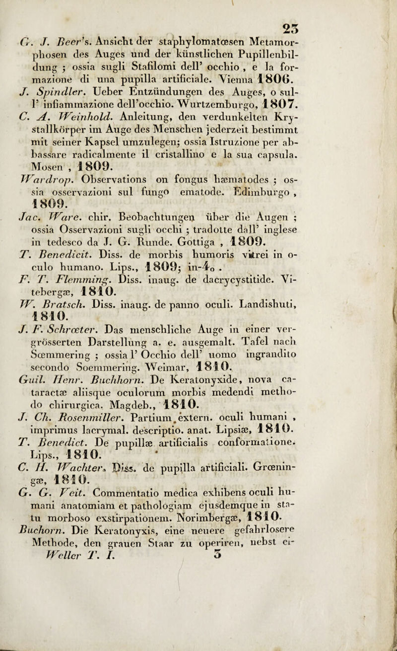 G. J. Bcer's. Ansicht (ler staphylomatcesen Metamor- pliosen des Auges und der kiinstlichen Pupillenbil- dung 5 ossia sugli Stafilomi dell’ occhio , e la for¬ mazione di una pupilla artificiale. Vienna 1800. J. Spinellar. Ueber Entziindungen des Auges, o sul- 1’ infiammazione dell’occhio. Wurtzemburgo, 1807. C. A. TFeinliold. Anleitung, den verdunkeiten Kry- stallkòrper ini Auge des Mensclien jederzeit bestimmt mit seiner Kapsel umzulegen; ossia Istruzione per ab¬ bassare radicalmente il cristallino e la sua capsula. Mosen , I 801). TFcivdrop. Observations on fongus hsematodes ; os¬ sia osservazioni sul fungo ematode. Edimburgo , 1809. Jac. TVare. cliir. Beobachtungen tiber die Augen ; ossia Osservazioni sugli occhi ; tradotte dall’ inglese in tedesco da J. G. Runde. Gottiga , 1809. T. Benedicit. Diss. de morbis bumoris vitrei in o- culo fiumano. Lips., 1809; in-40 . F. T. Flemming. Diss. inaug. de dacrycystitide. Vi- tebergae, 1810. TV. Bratscli. Diss. inaug. de panno oculi. Landishuti, 1810. J. F. Schroeter. Das menschliclie Auge in einer ver- gròsserten Darstellung a. e. ausgemalt. Tafel nacìr Scemmering ; ossia 1’ Occhio dell’ uomo ingrandito secondo Soemmering. Weimar, 1810. Quii. Henr. Bnchhorn. De Keratonyxide, nova ca- taractae aliisque oculorum morbis medendi metlio- do chirurgica. Magdeb., 1810. J. Ch. Rosenmiller. Partium. extern. oculi Immani , imprimus lacrymal. descriptio. anat. Lipsise, 1810. T. Benedict. De pupillse artificialis conforma'ione. Lips., 1810. C. H. TVvchter* Diss. de pupilla artificiali. Grcenin- gse, 1810. G. G. Vcit. Commentano medica exliibens oculi hu- mani anatomiam et pathologiam ejusdemque in stn- tu morboso exstirpationem. Norimbergse, 1810* Buchorn. Die Keratonyxis, eine neuere gefahrlosere Methode, den grauen Staar zu operiren, nebst ei- TVellcr T. /. 5
