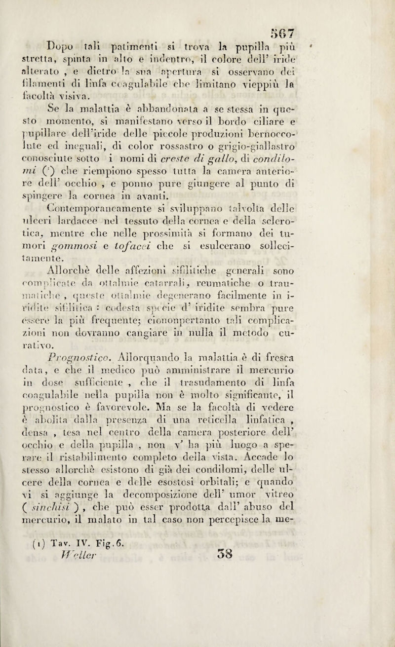 Dopo tali patimenti si trova la pupilla più stretta, spinta in alto e indentro, il eolore dell’ iride alterato , e dietro la sna apertura si osservano dei filamenti di Invia coagulabile che limitano vieppiù la facolta visiva. Se la malattia è abbandonala a se stessa in que¬ sto momento, si manifestano verso il bordo ciliare e pupillare dell’iride delle piccole produzioni bernocco¬ lute ed ineguali, di color rossastro o grigio-giallastro conosciute sotto i nomi di creste di gallo, di condilo¬ mi ( ) che riempiono spesso tutta la camera anterio¬ re dell’ oceliio , e ponno pure giungere al punto di spingere la cornea in avanti. Contemporaneamente si sviluppano talvolta delle ulceri lardaeee nel tessuto della cornea e della sclero¬ tica. mentre clic nelle prossimità si formano dei tu¬ mori gommosi e lofacci clic si esulcerano solleci¬ tamente. Alloreliè delle affezioni sifilitiche generali sono complicate da oltalmie catarrali, reumatiche o .trau¬ matiche , queste oftalmie degenerano facilmente in i- ridile sifilitica •' codesta specie d indite sembra pure essere la più frequente; ciononpertnnto tali complica¬ zioni non dovranno cangiare in nulla il metodo cu¬ rativo. Prognostico. Allorquando la malattia è di fresca data, e che il medico può amministrare il mercurio in dose sufficiente , che il trasudamento di linfa coagulabile nella pupilla non è molto significante, il prognostico è favorevole. Ma se la facoltà di vedere è abolita dalla presenza di una reticella linfatica , densa , tesa nel centro della camera posteriore dell’ occhio e della pupilla , non P ha più luogo a spe¬ rare il ristabilimento completo della vista. Accade lo stesso allorché esistono di già dei condilomi, delle ul¬ cere della cornea e delle esostosi orbitali; e quando vi si aggiunge la decomposizione dell’ umor vitreo ( sin chi si ) , clie può esser prodotta dall’ abuso del mercurio, il malato in tal caso non percepisce la me- (.) Tav. IV. Fig.6. Il elle/' 58