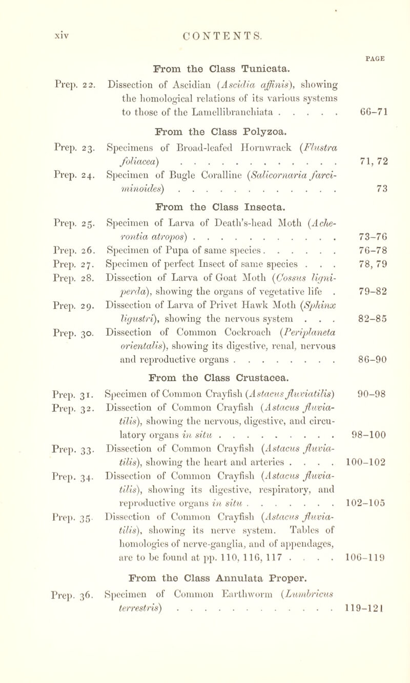 PAGE From the Class Tunicata. Prep. 22. Dissection of Ascidian (Asciclia affinis), showing the homological relations of its various systems to those of the Lamellibranchiata. 66-71 From the Class Polyzoa. Prep. 23. Specimens of Broad-leafed Horn wrack (Flustra foliacea) . 71,72 Prep. 24. Specimen of Bugle Coralline (SaUcornaria farci- minoides). 73 From the Class Inseeta. Prep. 25. Specimen of Larva of Death’s-head Moth (Ache- rontia atropos). 73-76 Prep. 26. Specimen of Pupa of same species. 76-78 Prep. 27. Specimen of perfect Insect of same species . . . 78, 79 Prep. 28. Dissection of Larva of Goat Moth (Cossus ligni- perda), showing the organs of vegetative life . 79-82 Prep. 29. Dissection of Larva of Privet Hawk Moth (/Sphinx ligustri), showing the nervous system . . . 82-85 Prep. 30. Dissection of Common Cockroach (Periplaneta orientalis), showing its digestive, renal, nervous and reproductive organs. 86-90 From the Class Crustacea. Prep. 31. Specimen of Common Crayfish (Astarns jluviatilis) 90-98 Prep. 32. Dissection of Common Crayfish (Astacus jluvia¬ tilis), showing the nervous, digestive, and circu¬ latory organs in situ.98-100 Prep. 33. Dissection of Common Crayfish {Astacus fluvia- tilis), showing the heart and arteries .... 100-102 Prep. 34. Dissection of Common Crayfish (Astacus jluvia¬ tilis), showing its digestive, respiratory, and reproductive organs in situ.102-105 Prep. 35 Dissection of Common Crayfish (Astacus jluvia¬ tilis), showing its nerve system. Tables of homologies of nerve-ganglia, and of appendages, are to be found at pp. 110, 116, 117 .... 106-119 From the Class Annulata Proper. Prep. 36. Specimen of Common Earthworm (Lumbricus terrestris).119-121