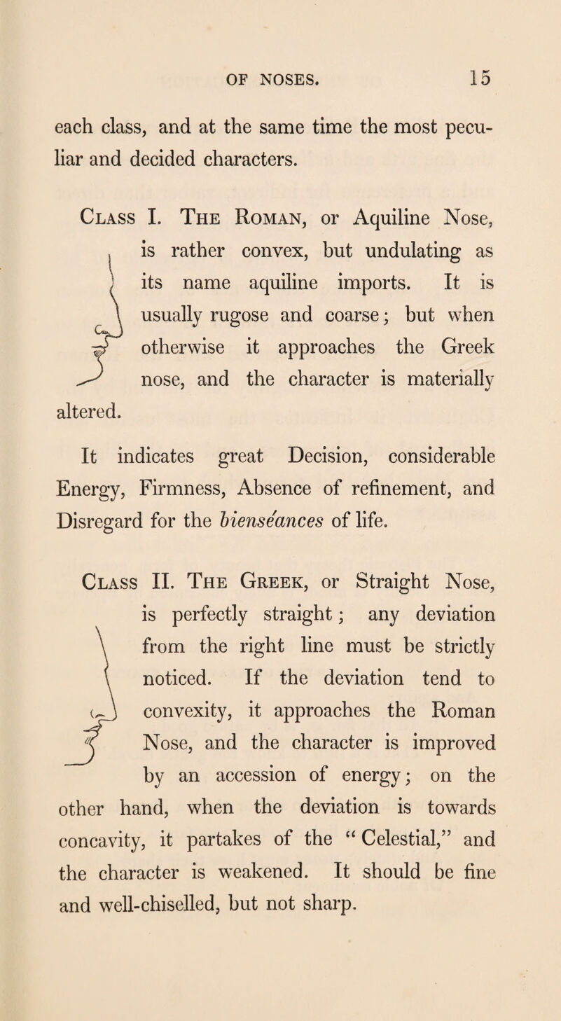 each class, and at the same time the most pecu¬ liar and decided characters. Class I. The Roman, or Aquiline Nose, is rather convex, but undulating as its name aquiline imports. It is usually rugose and coarse; but when otherwise it approaches the Greek nose, and the character is materially altered. It indicates great Decision, considerable Energy, Firmness, Absence of refinement, and Disregard for the bienseances of life. Class II. The Greek, or Straight Nose, is perfectly straight; any deviation \ from the right line must be strictly ( noticed. If the deviation tend to convexity, it approaches the Roman \ Nose, and the character is improved by an accession of energy; on the other hand, when the deviation is towards concavity, it partakes of the “ Celestial,’’ and the character is weakened. It should be fine and well-chiselled, but not sharp.