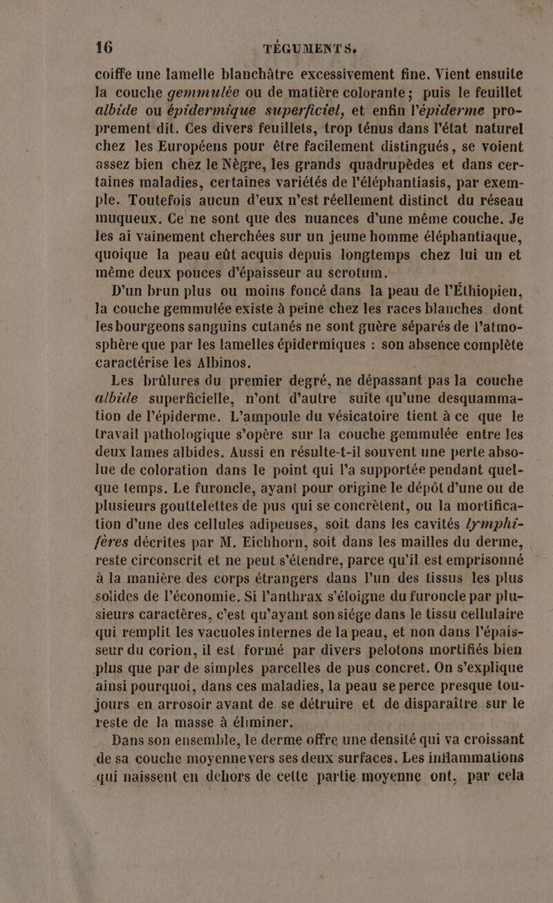 coiffe une lamelle blanchâtre excessivement fine. Vient ensuite la couche gemmulée ou de matière colorante; puis le feuillet albide ou épidermique superficiel, et enfin l'épiderme pro- prement dit. Ces divers feuillets, trop ténus dans l’état naturel chez les Européens pour être facilement distingués, se voient assez bien chez le Nègre, les grands quadrupèdes et dans cer- taines maladies, certaines variétés de l’éléphantiasis, par exem- ple. Toutefois aucun d’eux n’est réellement distinct du réseau muqueux. Ce ne sont que des nuances d'une même couche. Je les ai vainement cherchées sur un jeune homme éléphantiaque, quoique la peau eût acquis depuis longtemps chez lui un et même deux pouces d'épaisseur au scrotum. D'un brun plus ou moins foncé dans la peau de l’Éthiopien, la couche gemmulée existe à peine chez les races blanches. dont les bourgeons sanguins cutanés ne sont guère séparés de l’atmo- sphère que par les lamelles épidermiques : son absence complète caractérise les Albinos. | Les brûlures du premier degré, ne dépassant pas la couche albide superficielle, n’ont d'autre suite qu'une desquamma- tion de l’épiderme. L’ampoule du vésicatoire tient à ce que le travail pathologique s'opère sur la couche gemmulée entre les deux lames albides. Aussi en résulte-t-il souvent une perte abso- lue de coloration dans le point qui l’a supportée pendant quel- que temps. Le furoncle, ayant pour origine le dépôt d’une ou de plusieurs gouttelettes de pus qui se concrèlent, ou la mortifica- tion d’une des cellules adipeuses, soit dans les cavités /ymphi- fères décrites par M. Eichhorn, soit dans les mailles du derme, reste circonscrit et ne peut s'étendre, parce qu’il est emprisonné à la manière des corps étrangers dans l’un des tissus les plus solides de l’économie. Si l’anthrax s'éloigne du furoncle par plu- sieurs caractères, c’est qu'ayant sonsiége dans le tissu cellulaire qui remplit les vacuoles internes de la peau, et non dans l’épais- seur du corion, il est formé par divers pelotons mortifiés bien plus que par de simples parcelles de pus concret. On s’explique ainsi pourquoi, dans ces maladies, la peau se perce presque tou- jours en arrosoir avant de se détruire et de disparaître sur le reste de la masse à éliminer. Dans son ensemble, le derme offre une densité qui va croissant de sa couche moyenne vers ses deux surfaces. Les intlammations qui naissent en dehors de cette partie moyenne ont, par cela