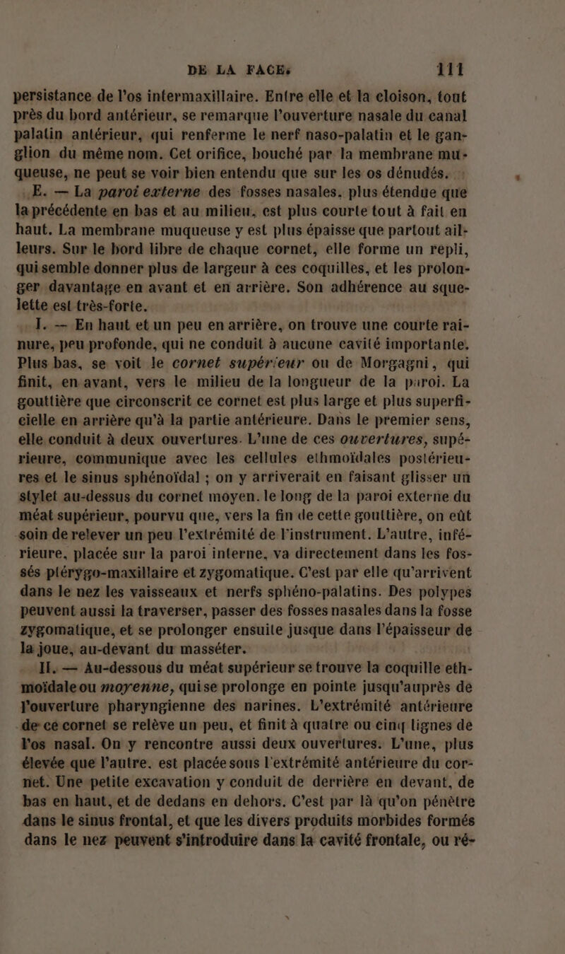 persistance. de l’os intermaxillaire. Entre elle et la cloison, tout près du bord antérieur, se remarque l'ouverture nasale du canal palalin antérieur, qui renferme le nerf naso-palatin et le gan- glion du même nom. Cet orifice, bouché par la membrane mu- queuse, ne peut se voir bien entendu que sur les os dénudés. …ÆE. — La paroi externe des fosses nasales. plus étendue que la précédente en bas et au milieu, est plus courte tout à fait en haut. La membrane muqueuse y est plus épaisse que partout ail- leurs. Sur le bord libre de chaque cornet, elle forme un repli, qui semble donner plus de largeur à ces coquilles, et les prolon- ger. davantage en avant et en arrière, Son adhérence au sque- lette est très-forte. - I. — En haut et un peu en arrière, on trouve une courte rai- nure, peu profonde, qui ne conduit à aucune cavité importante, Plus bas, se voit le cornet supérieur ou de Morgagni, qui finit, en avant, vers le milieu de la longueur de la paroi. La gouttière que circonserit ce cornet est plus large et plus superfi- cielle en arrière qu’à la partie antérieure. Dans le premier sens, elle conduit à deux ouvertures. L’une de ces ouvertures, supé- rieure, communique avec les cellules ethmoïdales postérieu- reset le sinus sphénoïdal ; on y arriverait en faisant glisser un stylet au-dessus du cornet moyen. le long de la paroï externe du méat supérieur, pourvu que, vers la fin de cette gouttière, on eût -soin de relever un peu l'extrémité de l'instrument. L'autre, infé- rieure, placée sur la paroi interne, va directement dans les fos- sés plérygo-maxillaire et zygomatique. C’est par elle qu’arrivent dans le nez les vaisseaux et nerfs sphéno-palatins. Des polypes peuvent aussi la traverser, passer des fosses nasales dans la fosse zygomatique, et se prolonger ensuile jusque dans l'épaisseur de la joue, au-devant du masséter. Il, — Au-dessous du méat supérieur se trouve la coquille eth- moïdale ou moyenne, quise prolonge en pointe jusqu’auprès de l'ouverture pharyngienne des narines. L'extrémité antérieure de: cé cornet se relève un peu, et finit à quatre ou cinq lignes de l'os nasal. On y rencontre aussi deux ouvertures. L'une, plus élevée que l’autre. est placée sous l'extrémité antérieure du cor- net. Une petite excavation y conduit de derrière en devant, de bas en haut, et de dedans en dehors. C’est par là qu’on pénètre dans le sinus frontal, et que les divers produits morbides formés dans le nez peuvent s'introduire dans la cavité frontale, ou ré-