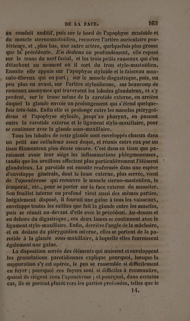 au conduit auditif, puis sur le bord de l’apophyse mastoïde et du muscle sternomastoïdien, recouvre l’artère auriculaire pos- térieue, et , plus bas, une autre artère, quelquefois plus grosse que la précédente. Æn dedans ou profondément, elle repose sur le tronc du nerf facial, et les trois petits rameaux qui s’en détachent au moment où il sort du trou stylo-mastoïdien, Ensuite elle appuie sur l’apophyse styloïde et le faisceau mus- culo-fibreux qui enpart; sur le muscle disgastrique, puis, un peu plus em avant, sur l'artère styloïdienne, sur beaucoup de rameaux anonymes qui traversent les lobules glanduleux, et s’y perdent, sur le tronc même de la carotide externe, en arrière duquel la glande envoie un prolongement qui s'étend quelque- fois très-loin. Enfin elle se prolonge entre les muscles ptérygoiï- diens et l’apophyse styloïde, jusqu’au pharynx, en passant entre la carotide externe et le ligament stylo-maxillaire, pour se continuer avec la glande sous-maxillaire. Tous les lobules de cette glande sont enveloppés chacun dans un petit sac celluleux assez dense, et réunis entre eux par un tissu filamenteux plus dense encore. C’est dans ce tissu que pa- raissent avoir leur siége les inflammations phlegmoneuses, {andis que les oreillons affectent plus particulièrement l’élément glanduleux. La parotide est ensuite renfermée dans une espèce d’enveloppe générale, dont la lame externe, plus serrée, vient de l'aponévrose qui recouvre le muscle sterno-mastoïdien, le temporal, etc., pour se porter sur la face externe du masséter. Son feuillet interne ou profond vient aussi des mêmes parties: Inégalement disposé, il fournit une gaîne à tous les vaisseaux, enveloppe toutes les saillies que fait la glande entre les muscles, puis $e réunit au-devant d’elle avec le précédent. Au-dessus et en dehors du digastrique , ces deux lames se continuent avec le ligament stylo-maxillaire. Enfin, derrière l'angle de la mâchoire, et en dedans du ptérygoïdien interne, elles se portent de la pa- rotide à la glande sous-maxillaire, à laquelle elles fournissent également une gaîne. La disposition serrée des éléments qui unissent etenveloppent les granulations parotidiennes explique pourquoi, lorsque la suppuration s'y est opérée, le pus se rassemble si difficilement en foyer ; pourquoi ces foyers sont si difficiles à reconnaitre, quand ils siégent sous l'aponévrose ; et pourquoi, dans certains cas, ils se portent plutôt vers ies parties profondes, telles que le 14.