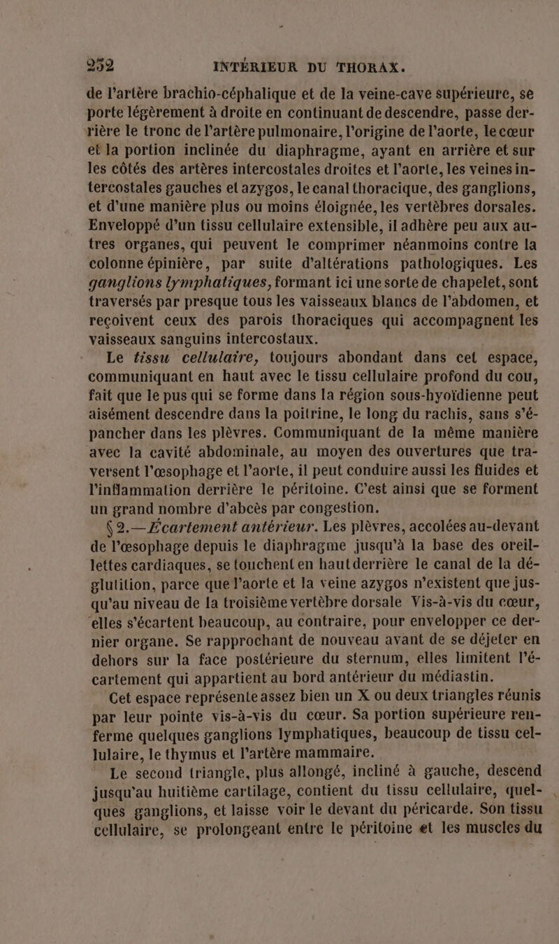 de l'artère brachio-céphalique et de la veine-cave supérieure, se porte légèrement à droite en continuant de descendre, passe der- rière le tronc de l'artère pulmonaire, l’origine de l'aorte, lecœur et la portion inclinée du diaphragme, ayant en arrière et sur les côtés des artères intercostales droites et l’aorte, les veines in- tercostales gauches et azygos, le canal thoracique, des ganglions, et d’une manière plus ou moins éloignée, les vertèbres dorsales. Enveloppé d’un tissu cellulaire extensible, il adhère peu aux au- tres organes, qui peuvent le comprimer néanmoins contre la colonne épinière, par suite d’altérations pathologiques. Les ganglions lymphatiques, formant ici une sorte de chapelet, sont traversés par presque tous les vaisseaux blancs de l'abdomen, et reçoivent ceux des parois thoraciques qui accompagnent les vaisseaux sanguins intercostaux. Le tissu cellulaire, toujours abondant dans cet espace, communiquant en haut avec le tissu cellulaire profond du cou, fait que le pus qui se forme dans la région sous-hyoïdienne peut aisément descendre dans la poitrine, le long du rachis, sans s’é- pancher dans les plèvres. Communiquant de la même manière avec la cavité abdominale, au moyen des ouvertures que tra- versent l'œsophage et l’aorte, il peut conduire aussi les fluides et l'inflammation derrière le péritoine. C’est ainsi que se forment un grand nombre d’abcès par congestion. N 2,— F'cartement antérieur. Les plèvres, accolées au-deyant de l’œæsophage depuis le diaphragme jusqu'à la base des oreil- lettes cardiaques, se touchent en hautderrière le canal de la dé- glulilion, parce que l'aorte et la veine azygos n’existent que jus- qu’au niveau de la troisième vertèbre dorsale Vis-à-vis du cœur, ‘elles s'écartent beaucoup, au contraire, pour envelopper ce der- nier organe. Se rapprochant de nouveau avant de se déjeter en dehors sur la face postérieure du sternum, elles limitent l’é- cartement qui appartient au bord antérieur du médiastin. Cet espace représente assez bien un X ou deux triangles réunis par leur pointe vis-à-vis du cœur. Sa portion supérieure ren- ferme quelques ganglions lymphatiques, beaucoup de tissu cel- lulaire, le thymus et l'artère mammaire. Le second triangle, plus allongé, incliné à gauche, descend jusqu’au huitième cartilage, contient du tissu cellulaire, quel- ques ganglions, et laisse voir le devant du péricarde. Son tissu cellulaire, se prolongeant entre le péritoine et les muscles du