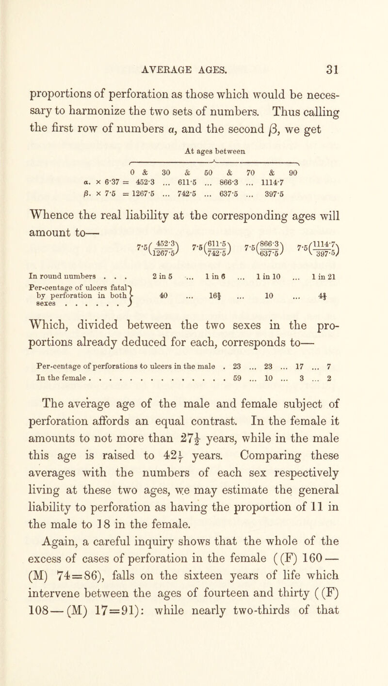 proportions of perforation as those which would be neces¬ sary to harmonize the two sets of numbers. Thus calling the first row of numbers a, and the second /3, we get At ages between t-A- 0 & 30 & 50 & 70 & 90 a. x 6-37 = 452-3 ... 611-5 ... 866-3 ... 1114-7 0. x 7-5 = 1267-5 ... 742-5 ... 637'5 ... 397'5 Whence the real liability at the corresponding ages will amount to— 7.5/ 452-3\ V1267-5/ 7-5 I'5) V742-5/ 7../866-3\ 7 ^637-5' 7-5(™? ^ 397-5, In round numbers . . . 2 in 5 ... 1 in 6 ... 1 in 10 1 in 21 Per-centage of ulcers fatal) by perforation in both > 40 16f 10 4* sexes Which, divided between the two sexes in the pro¬ portions already deduced for each, corresponds to— Per-centage of perforations to ulcers in the male . 23 ... 23 ... 17 ... 7 In the female.59 ... 10 ... 3 ... 2 The average age of the male and female subject of perforation affords an equal contrast. In the female it amounts to not more than 27J years, while in the male this age is raised to 42±- years. Comparing these averages with the numbers of each sex respectively living at these two ages, we may estimate the general liability to perforation as having the proportion of 11 in the male to ] 8 in the female. Again, a careful inquiry shows that the whole of the excess of cases of perforation in the female ((F) 160 — (M) 74 = 86), falls on the sixteen years of life which intervene between the ages of fourteen and thirty ((F) 108—(M) 17=91): while nearly two-thirds of that