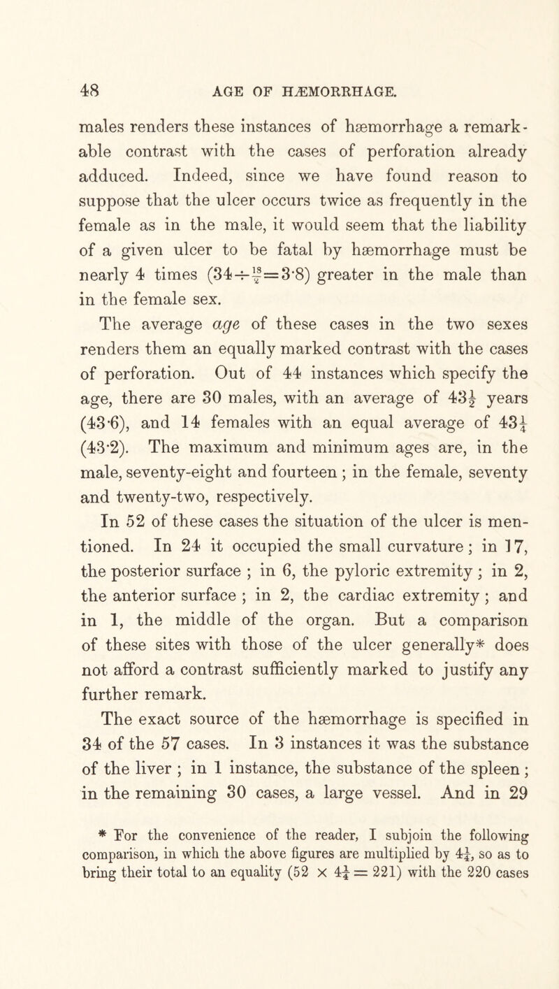 males renders these instances of haemorrhage a remark¬ able contrast with the cases of perforation already adduced. Indeed, since we have found reason to suppose that the ulcer occurs twice as frequently in the female as in the male, it would seem that the liability of a given ulcer to be fatal by haemorrhage must be nearly 4 times (34-i-^=3,8) greater in the male than in the female sex. The average age of these cases in the two sexes renders them an equally marked contrast with the cases of perforation. Out of 44 instances which specify the age, there are 30 males, with an average of 43J years (43-6), and 14 females with an equal average of 43J (43*2). The maximum and minimum ages are, in the male, seventy-eight and fourteen ; in the female, seventy and twenty-two, respectively. In 52 of these cases the situation of the ulcer is men¬ tioned. In 24 it occupied the small curvature; in 17, the posterior surface ; in 6, the pyloric extremity; in 2, the anterior surface ; in 2, the cardiac extremity ; and in 1, the middle of the organ. But a comparison of these sites with those of the ulcer generally* does not afford a contrast sufficiently marked to justify any further remark. The exact source of the haemorrhage is specified in 34 of the 57 cases. In 3 instances it was the substance of the liver ; in 1 instance, the substance of the spleen ; in the remaining 30 cases, a large vessel. And in 29 * Tor the convenience of the reader, I subjoin the following comparison, in which the above figures are multiplied by 44, so as to bring their total to an equality (52 X 44 = 221) with the 220 cases